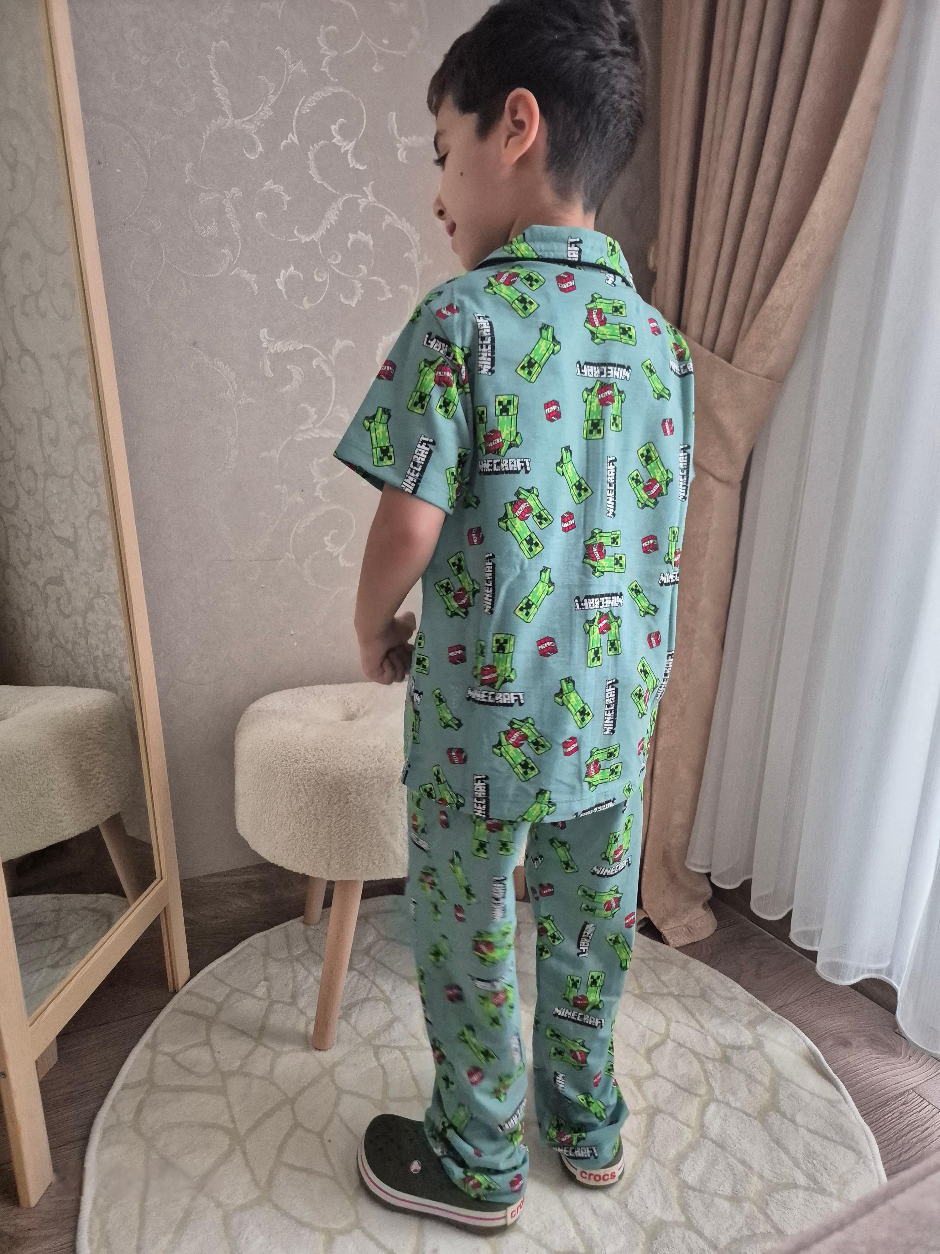 Minecraft Baskılı Önden Düğmeli Erkek Çocuk Pijama Takımı(4-12 Yaş)