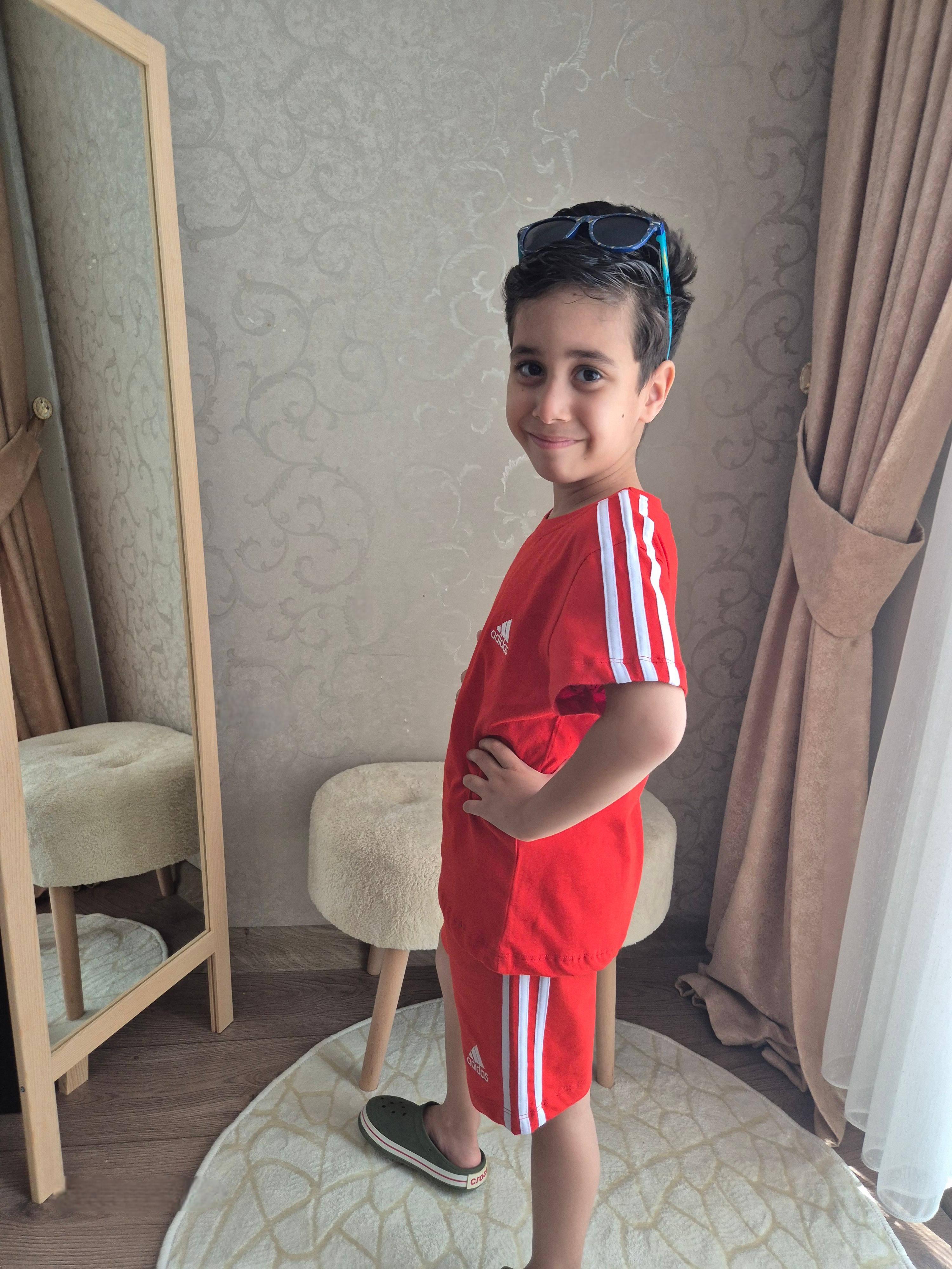 Marka Yazı Baskılı %100 Pamuklu Unisex Şortlu Alt Üst Takım-Kırmızı (18 Ay-6Yaş)