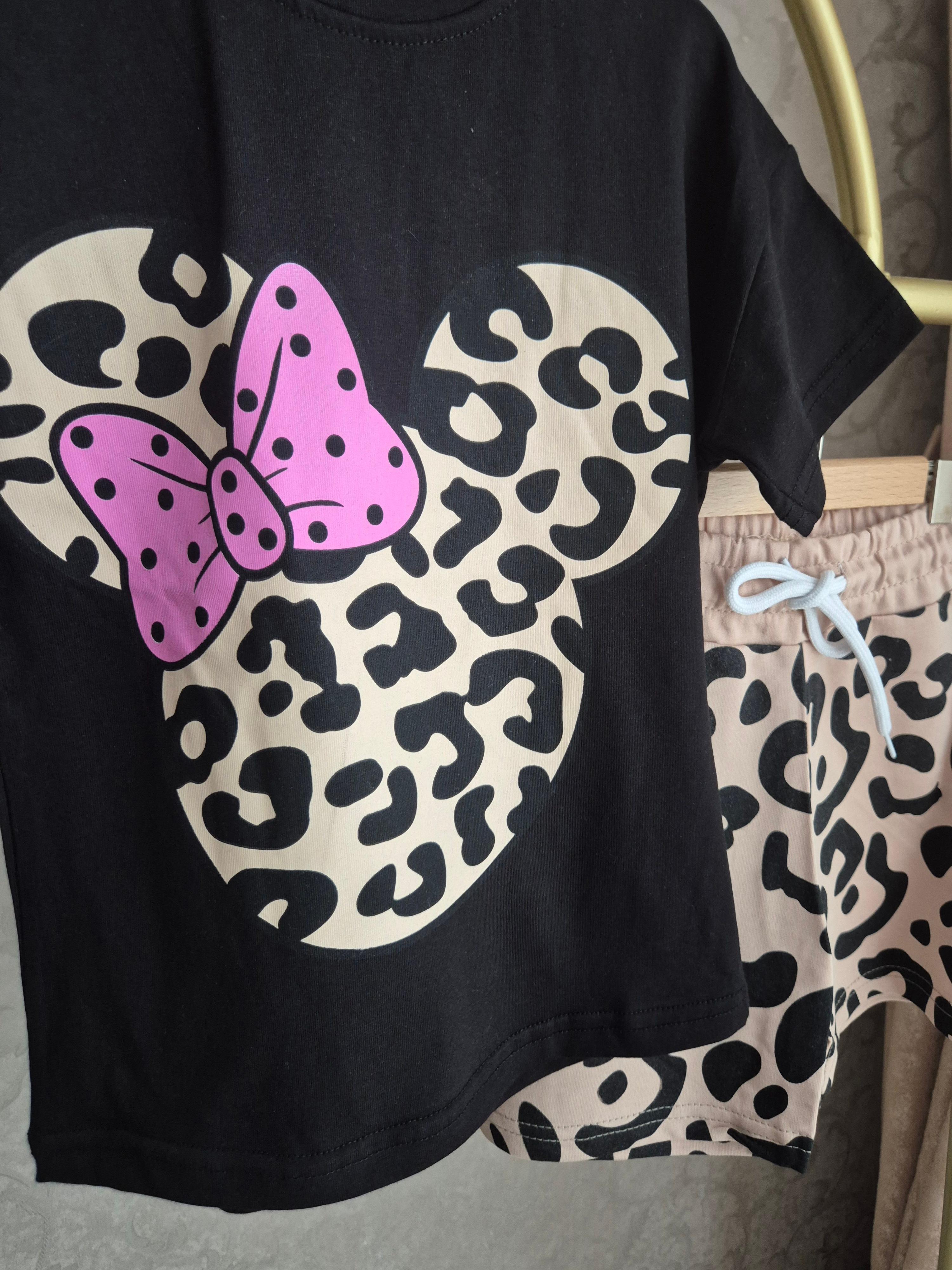 Minnie Mouse Temalı Leopar Baskılı Kız Çocuk Alt Üst Takım(3-10 Yaş)