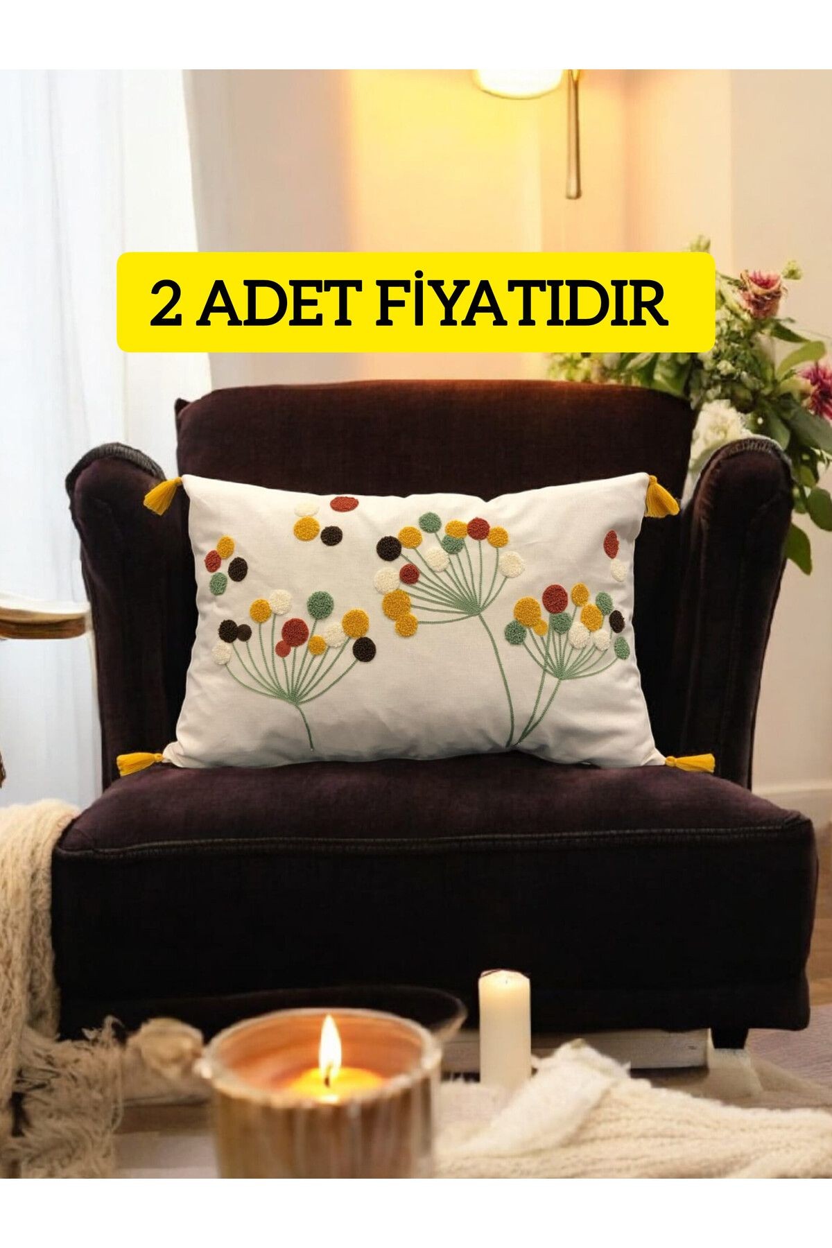 Punch Polen Desen Sarı Ponponlu Dikdörtgen Kırlent 35x55 cm