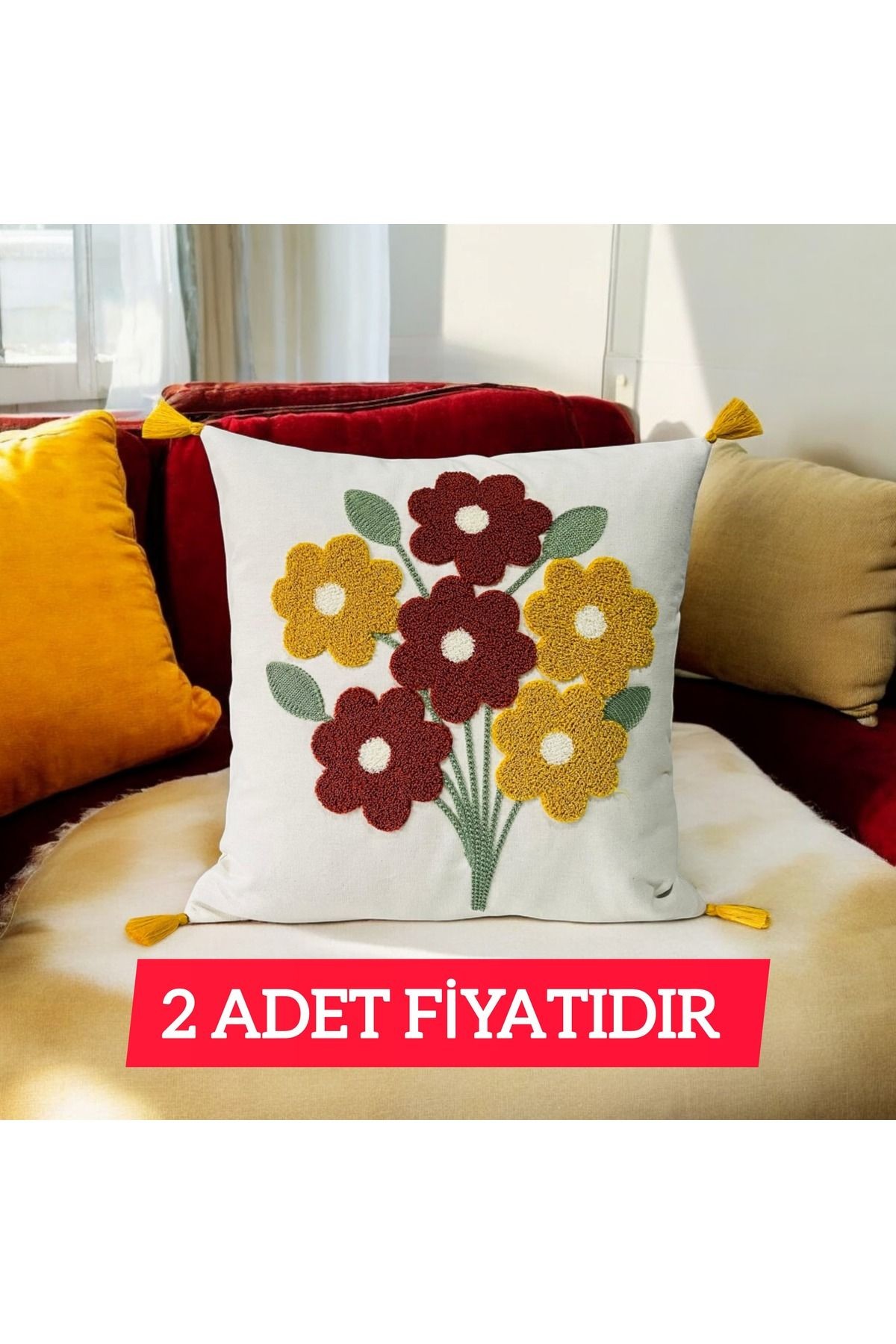 Punch Demet Desen Ponponlu Kırlent 43x43 cm