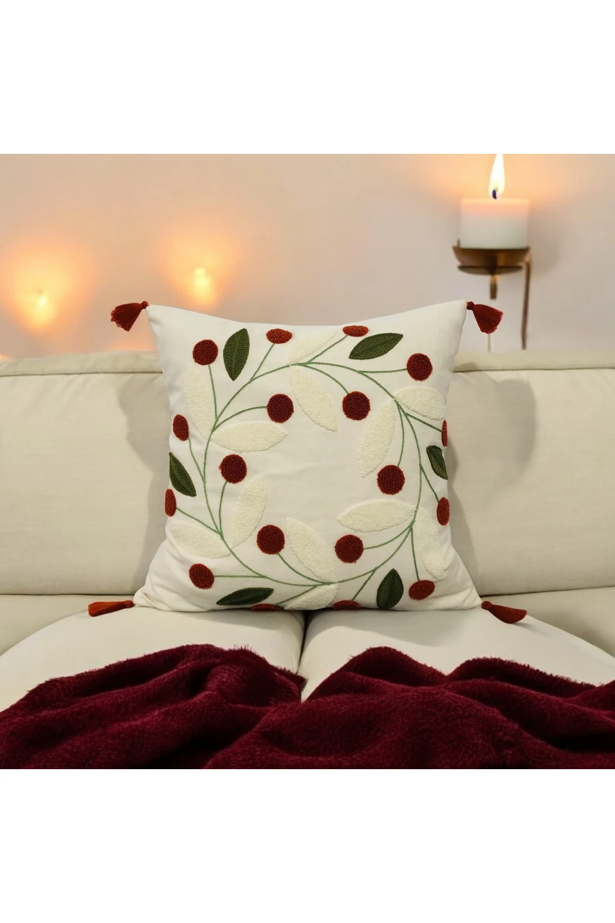 Punch Papatya Desen Ponponlu Kırlent Kılıfı Kiremit 43x43 cm (2 ADET)