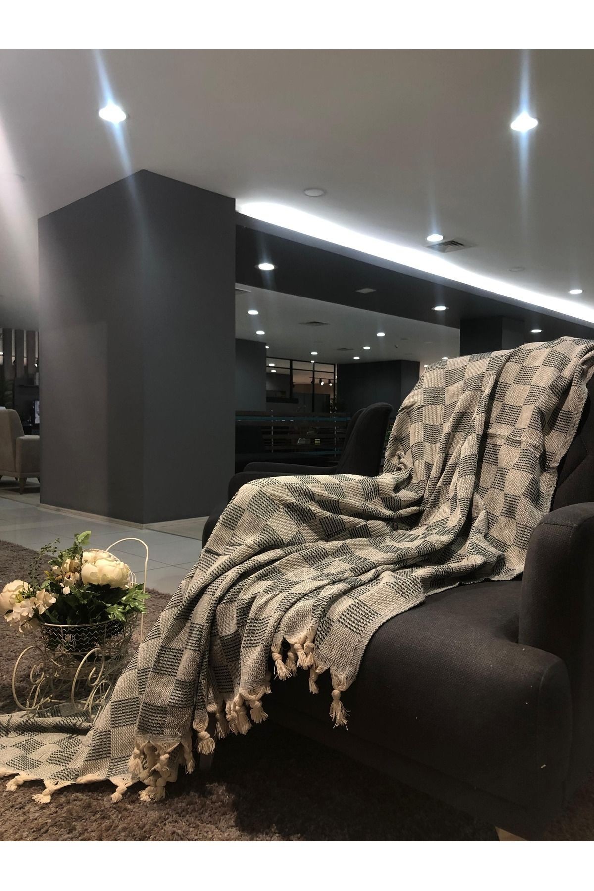 Dama Desen Yeşil Renk 180*220 cm Saçaklı Koltuk Örtüsü, TV Örtüsü, Pike