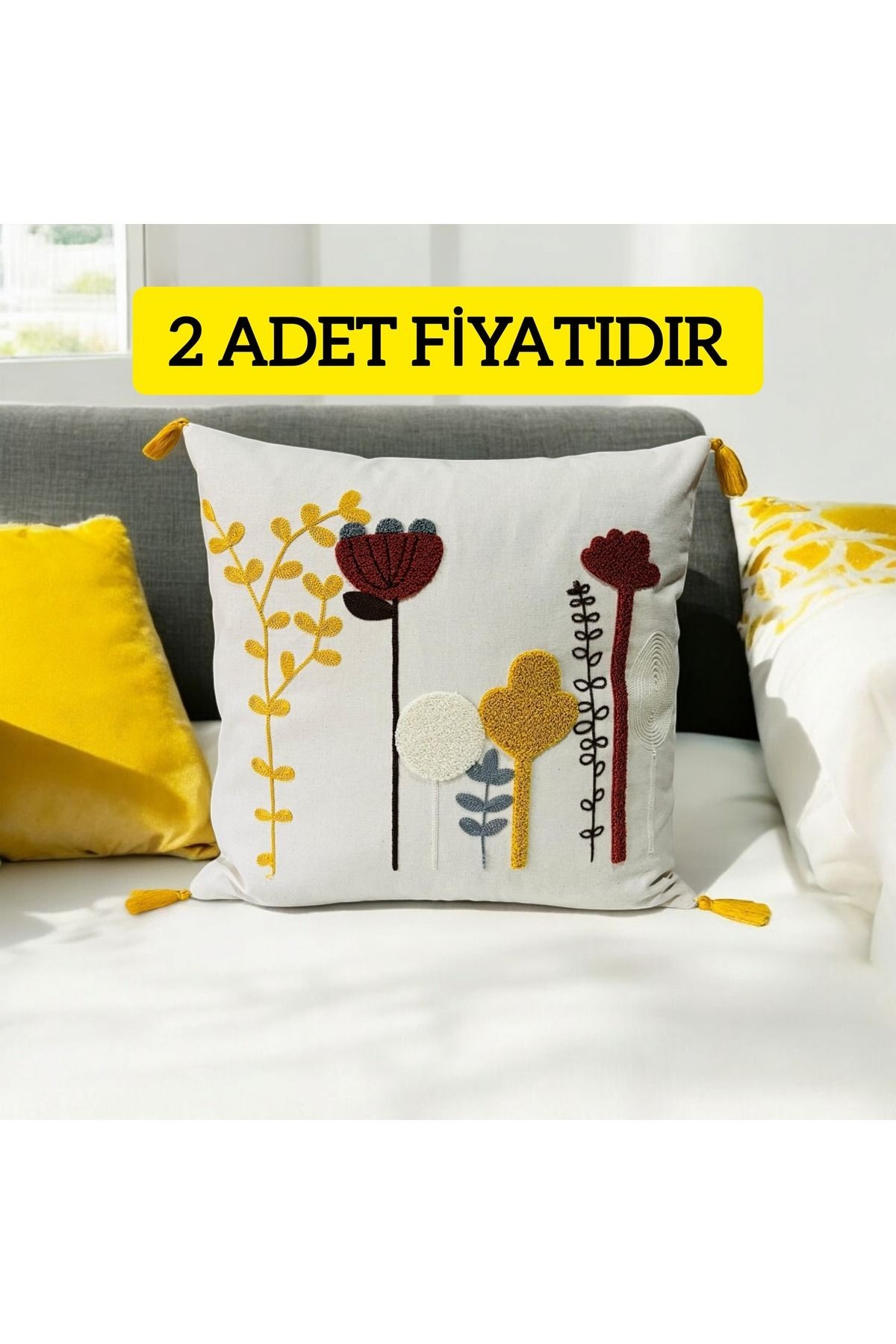 Punch Kaktüs Desen Sarı Ponponlu Kırlent 43x43 cm