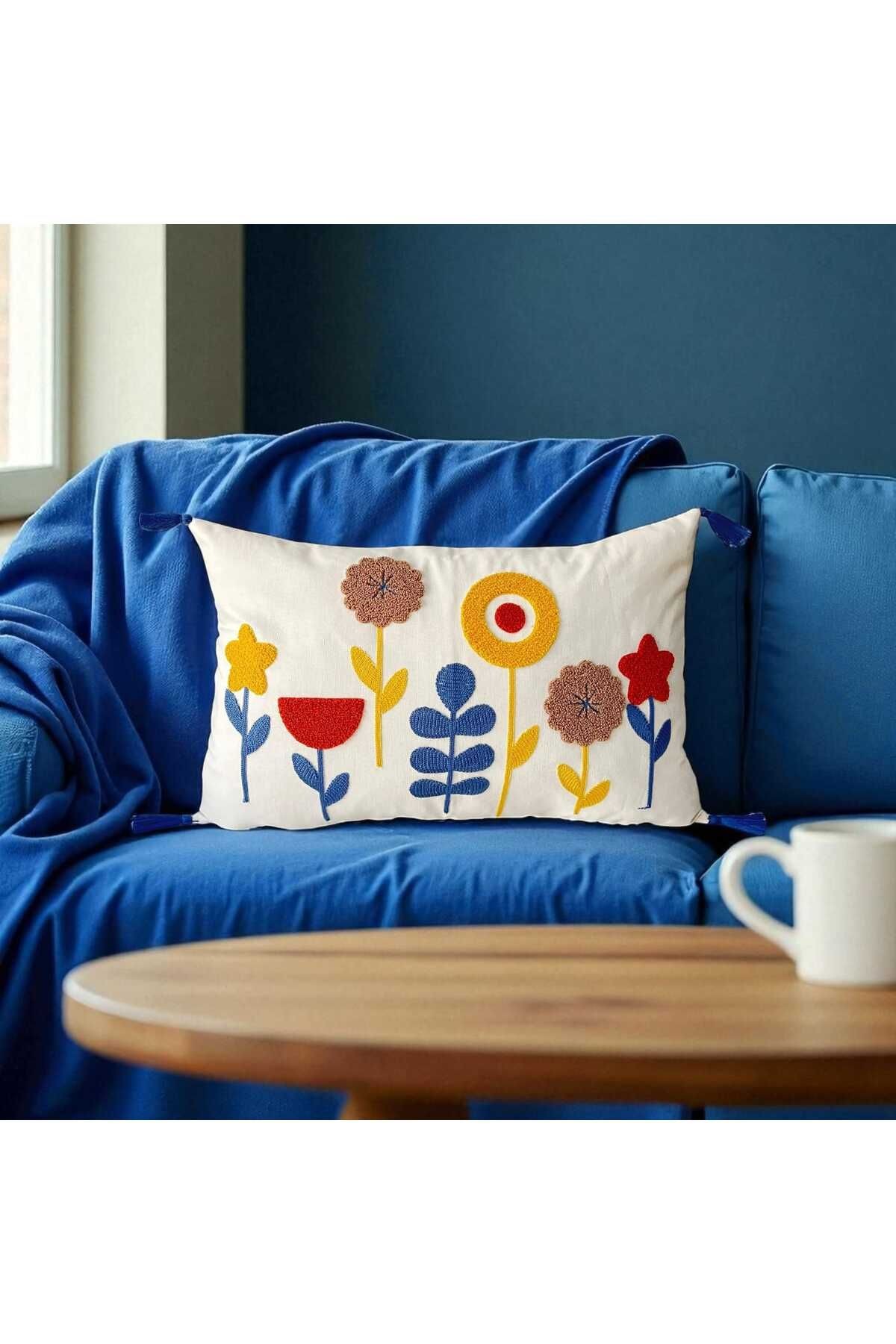 Punch Nakışlı Ponponlu Dikdörtgen Kırlent Kılıfı 2 Adet Duck Kumaş 35x55 cm
