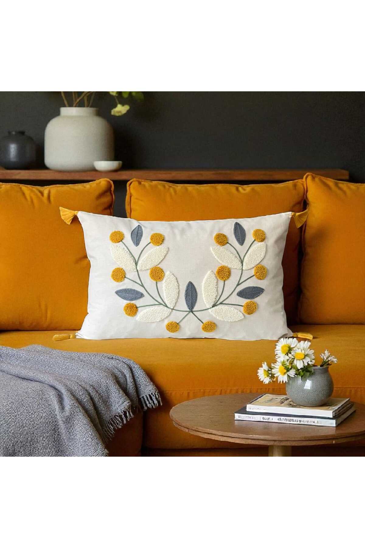Punch Nakışlı Ponponlu Dikdörtgen Kırlent Kılıfı 2 Adet Duck Kumaş 35x55 cm