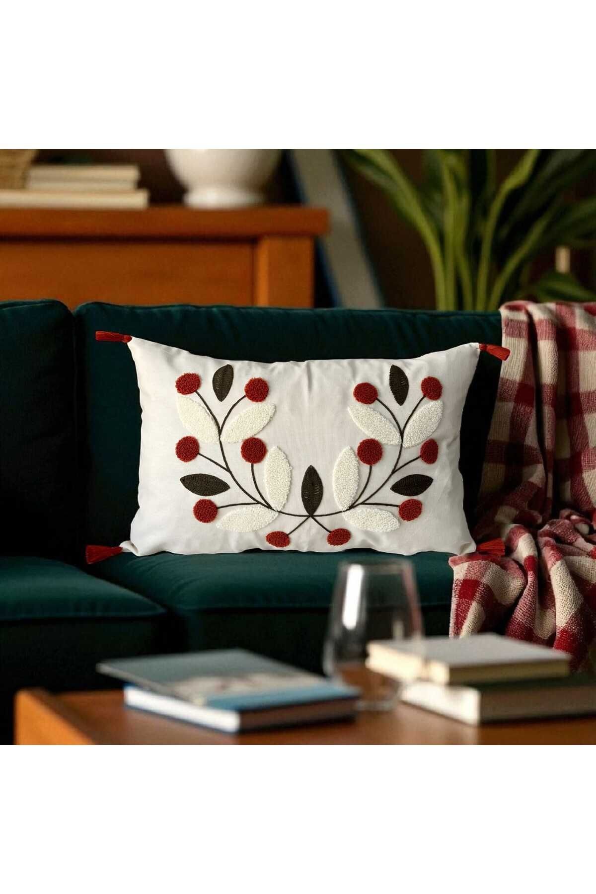 Punch Nakışlı Ponponlu Dikdörtgen Kırlent Kılıfı 2 Adet Duck Kumaş 35x55 cm