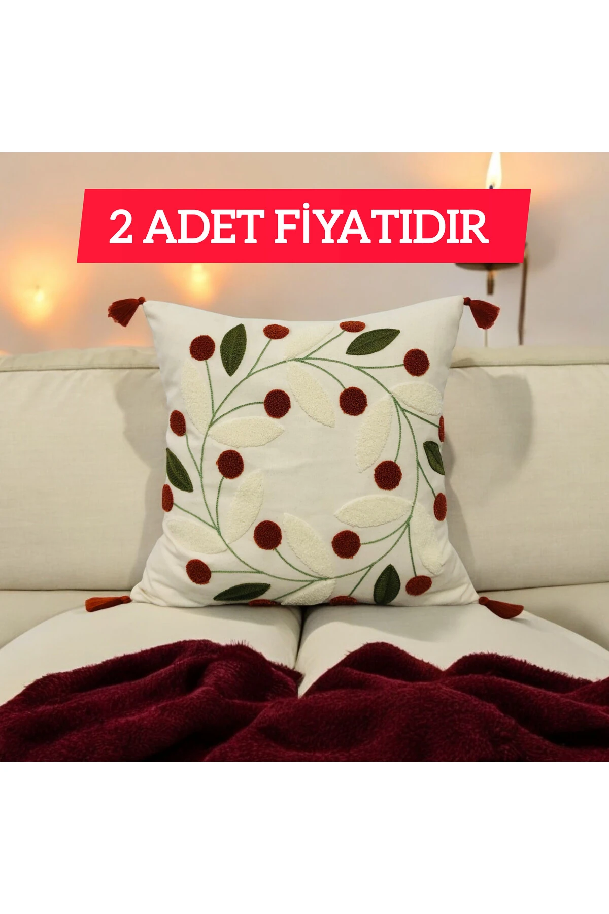 Punch Papatya Desen Ponponlu Kırlent Kılıfı Kiremit 43x43 cm (2 ADET)