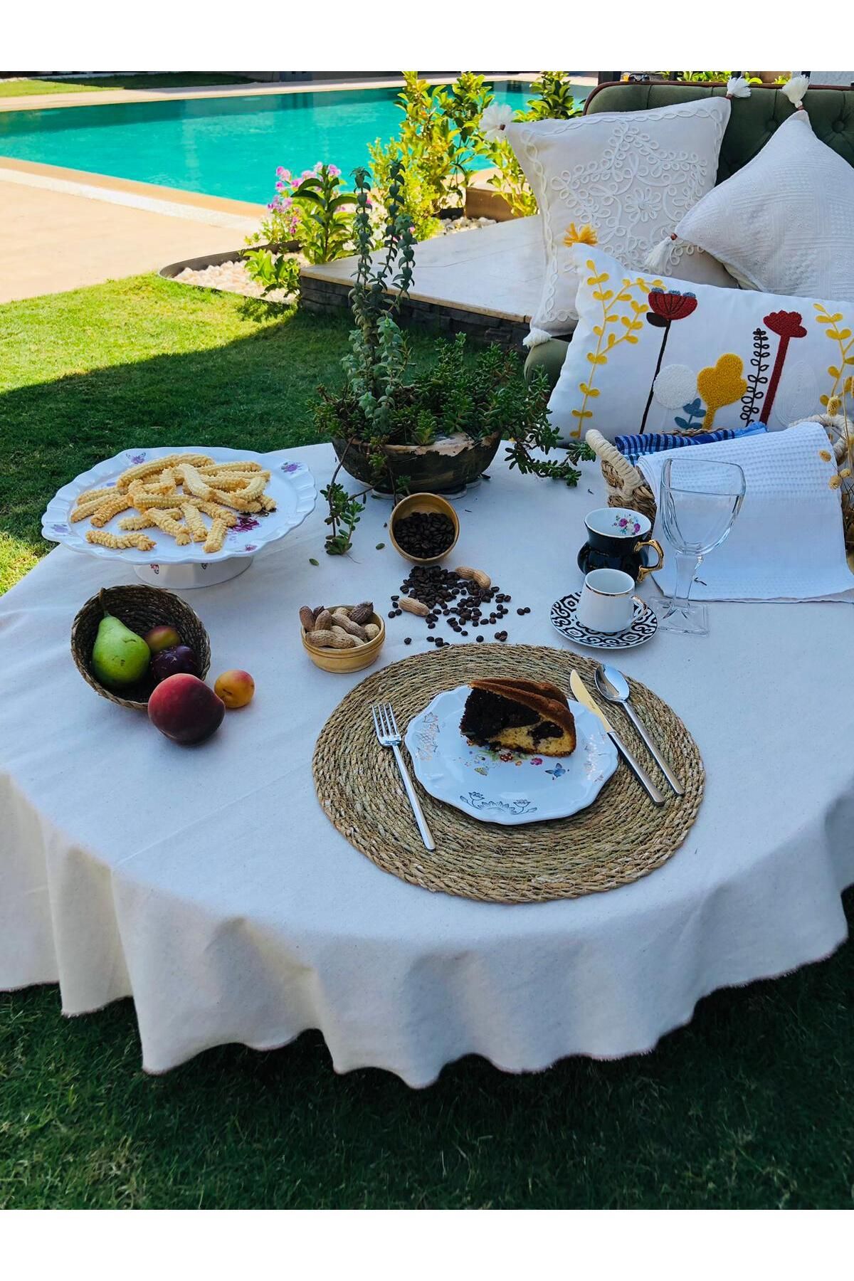 Organik Keten Pamuklu Kenar Dikişli Yuvarlak Masa Örtüsü,Naturel,Parti,Piknik,Bride - vizon dikişli