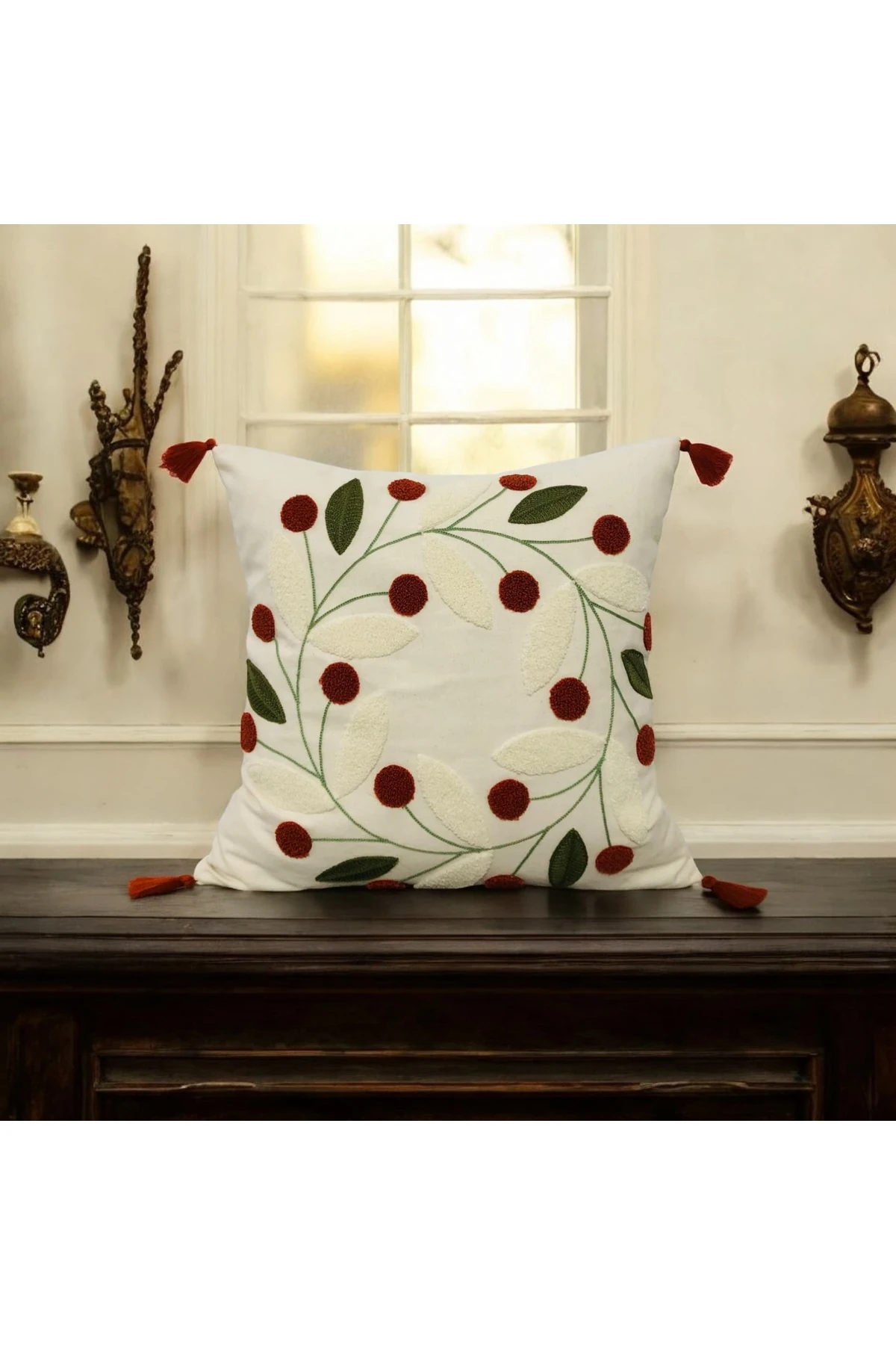 Punch Papatya Desen Ponponlu Kırlent Kılıfı Kiremit 43x43 cm (2 ADET)