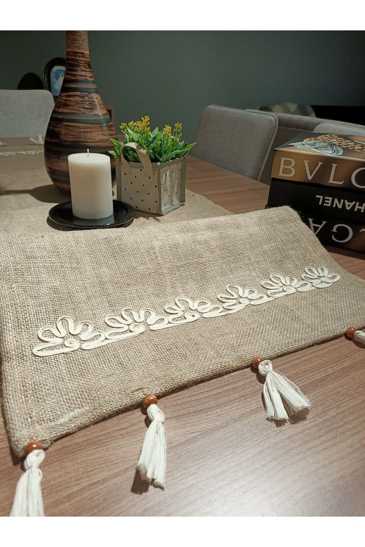 Nakışlı Jüt Kumaş Runner 40x130 cm