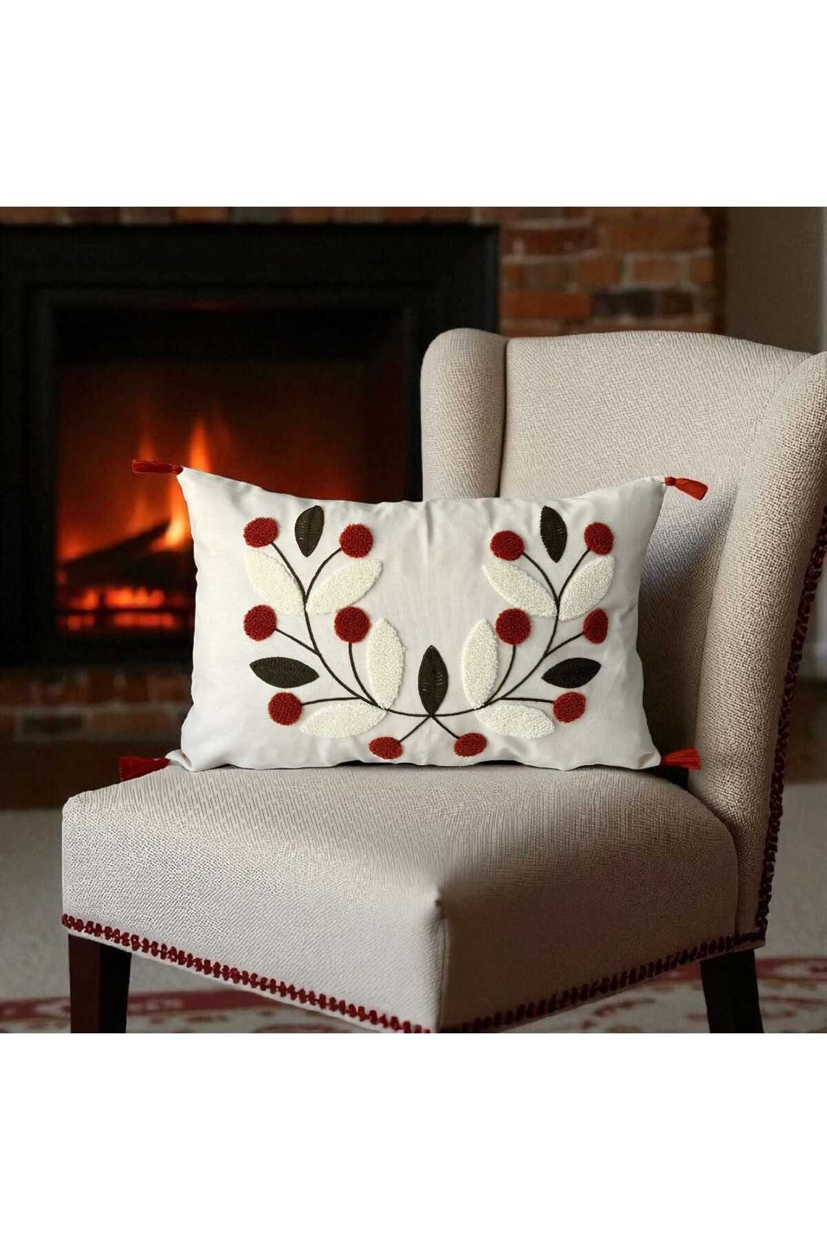 Punch Nakışlı Ponponlu Dikdörtgen Kırlent Kılıfı 2 Adet Duck Kumaş 35x55 cm