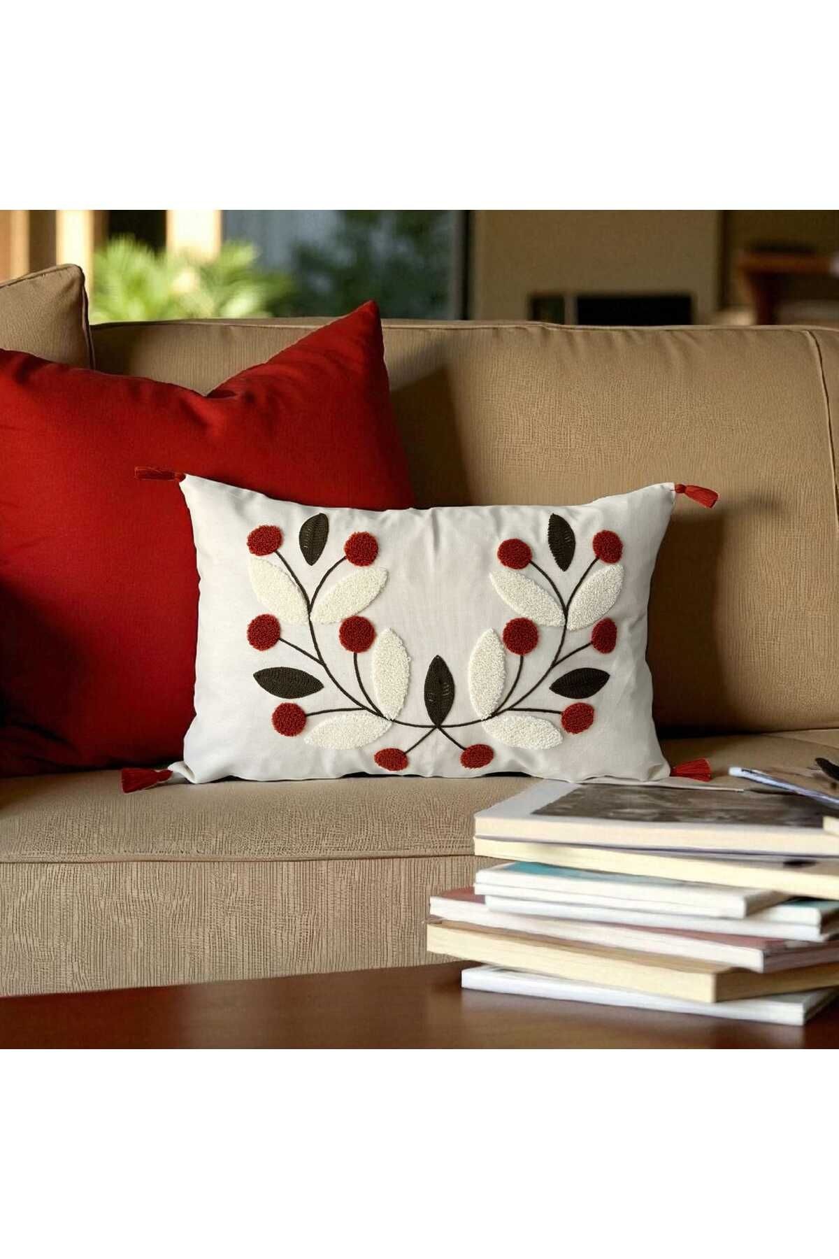 Punch Nakışlı Ponponlu Dikdörtgen Kırlent Kılıfı 2 Adet Duck Kumaş 35x55 cm