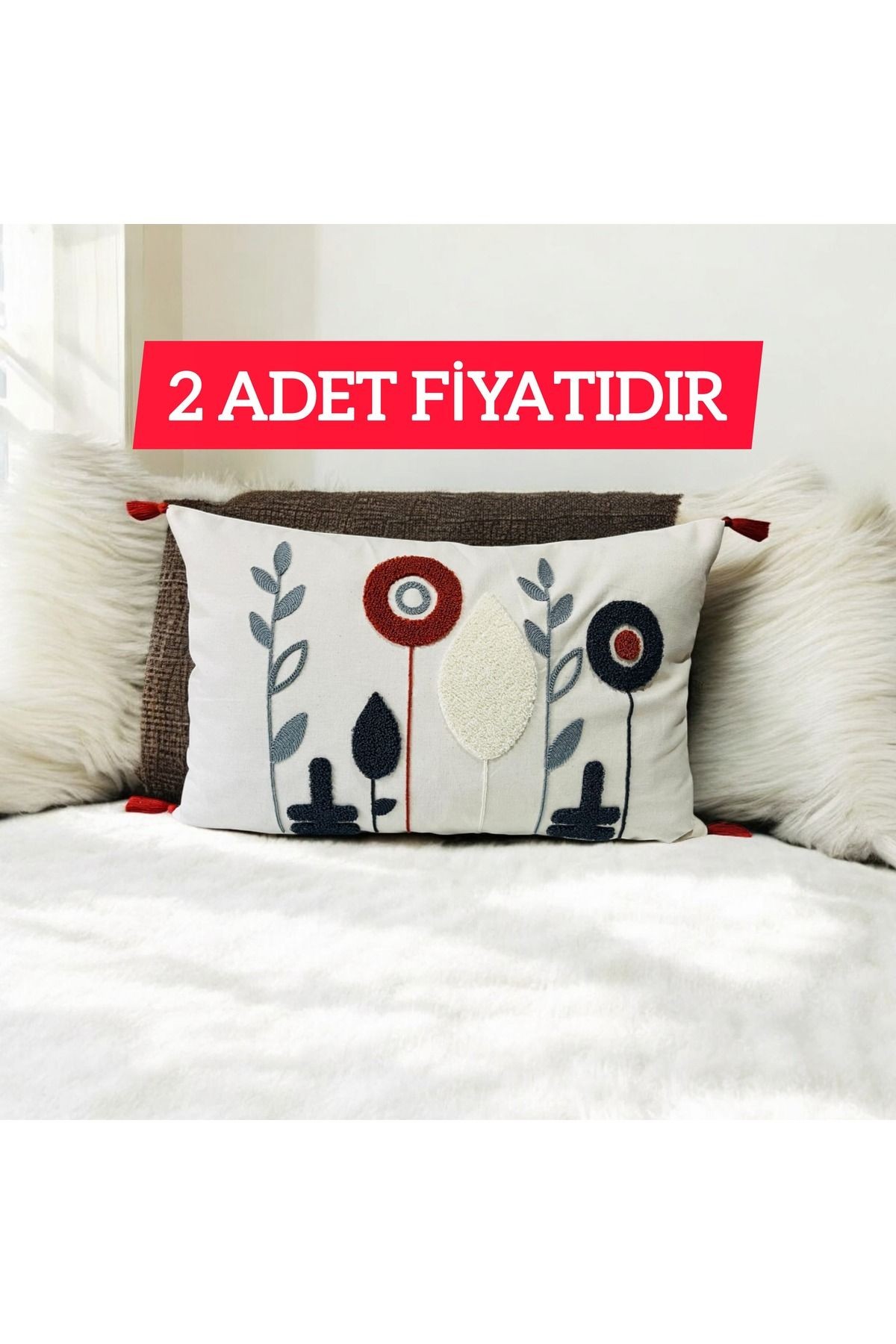 Punch Dandelıon Desen Bordo Ponponlu Dikdörtgen Kırlent 35x55 cm