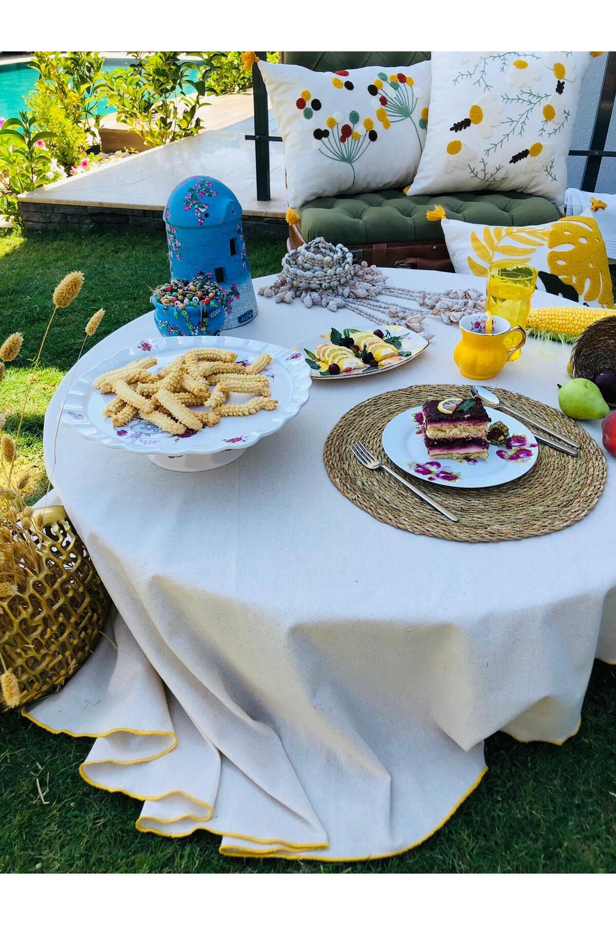 Organik Keten Pamuklu Kenar Dikişli Yuvarlak Masa Örtüsü,Naturel,Parti,Piknik,Bride - sarı dikişli
