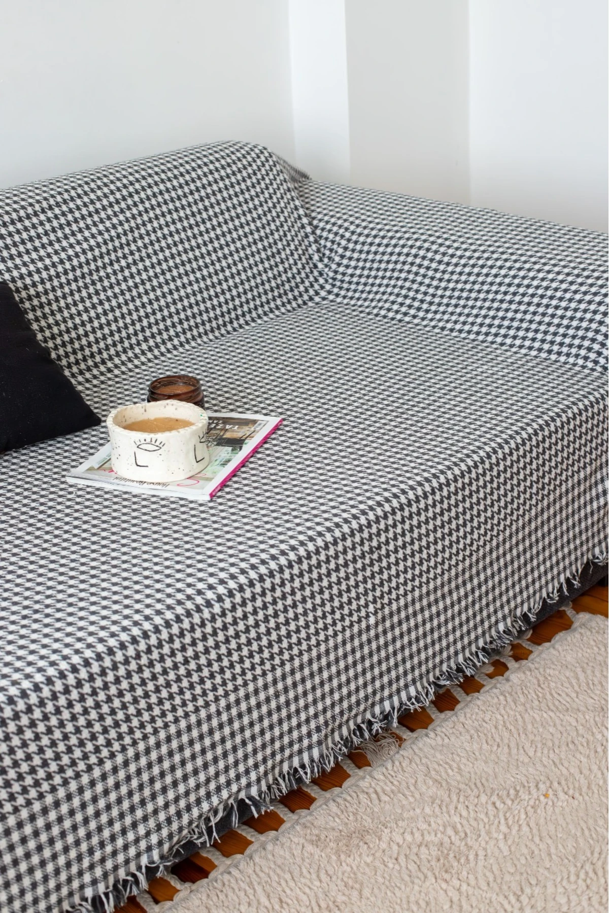 Kazayağı Desen Kolları Kapatan Saçaklı Koltuk Örtüsü Antrasit 170*300 Cm