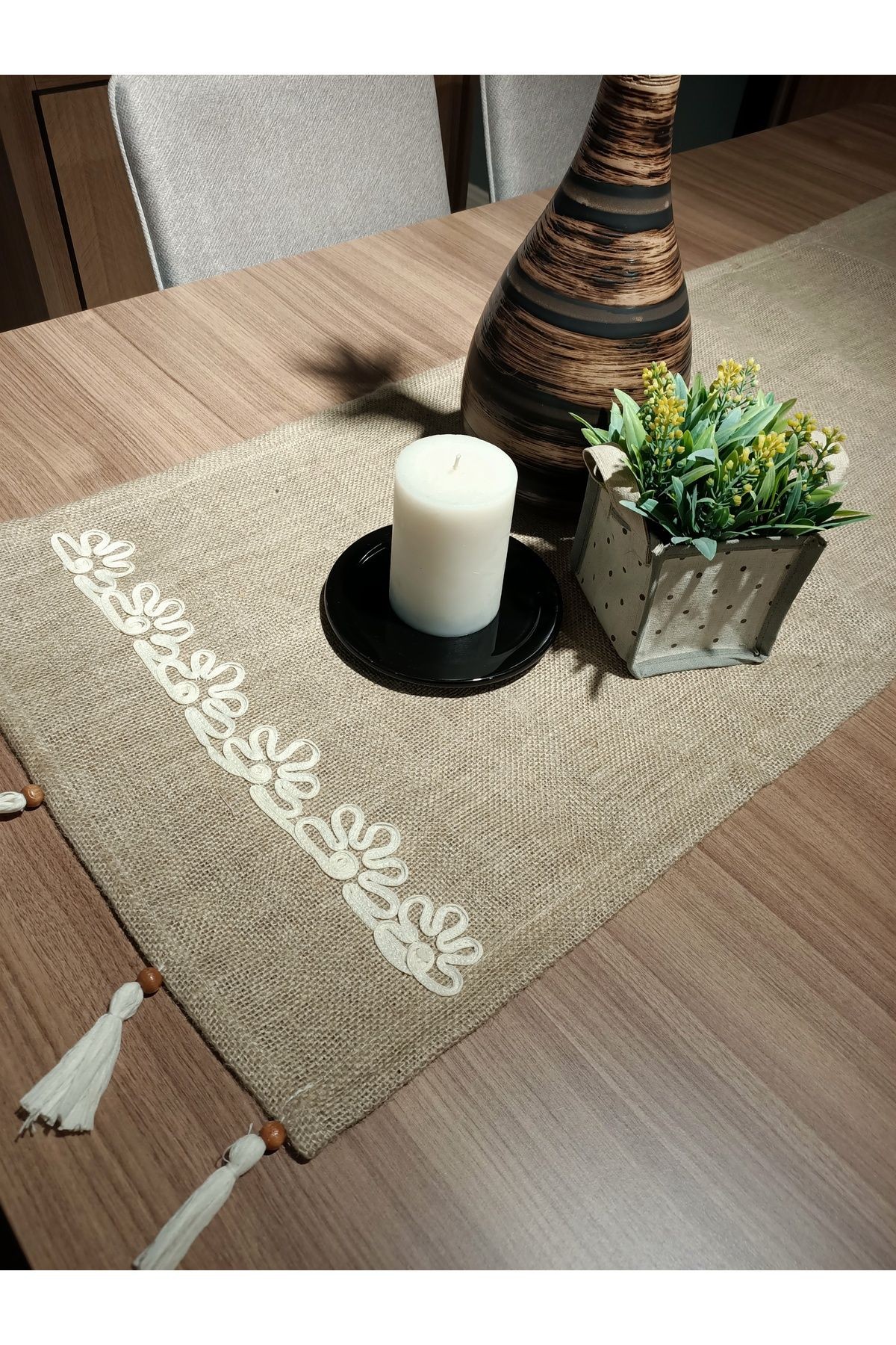 Nakışlı Jüt Kumaş Runner 40x130 cm