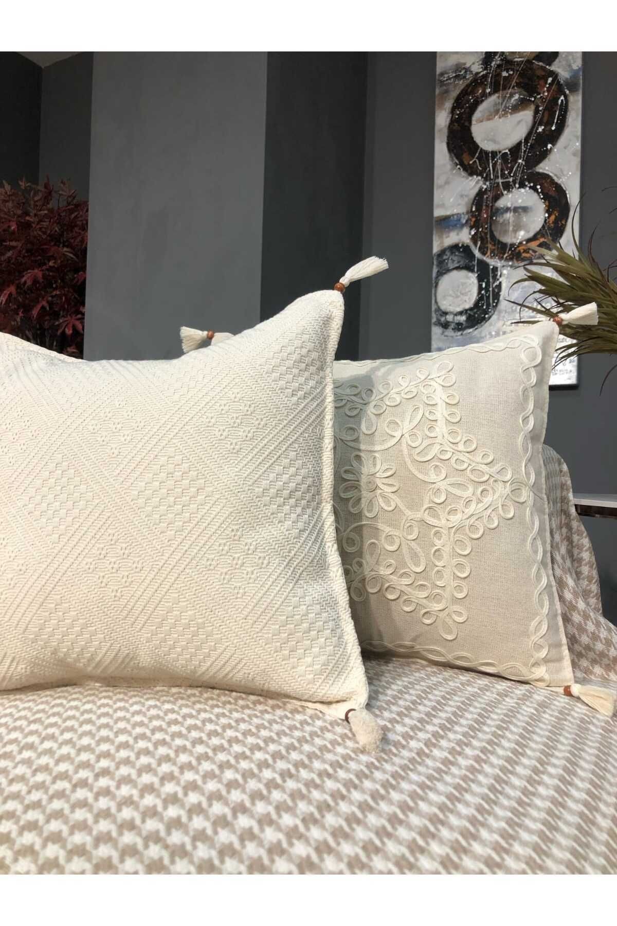 Kazayağı Desen Kolları Kapatan Saçaklı Koltuk Örtüsü Bej 170*300 Cm