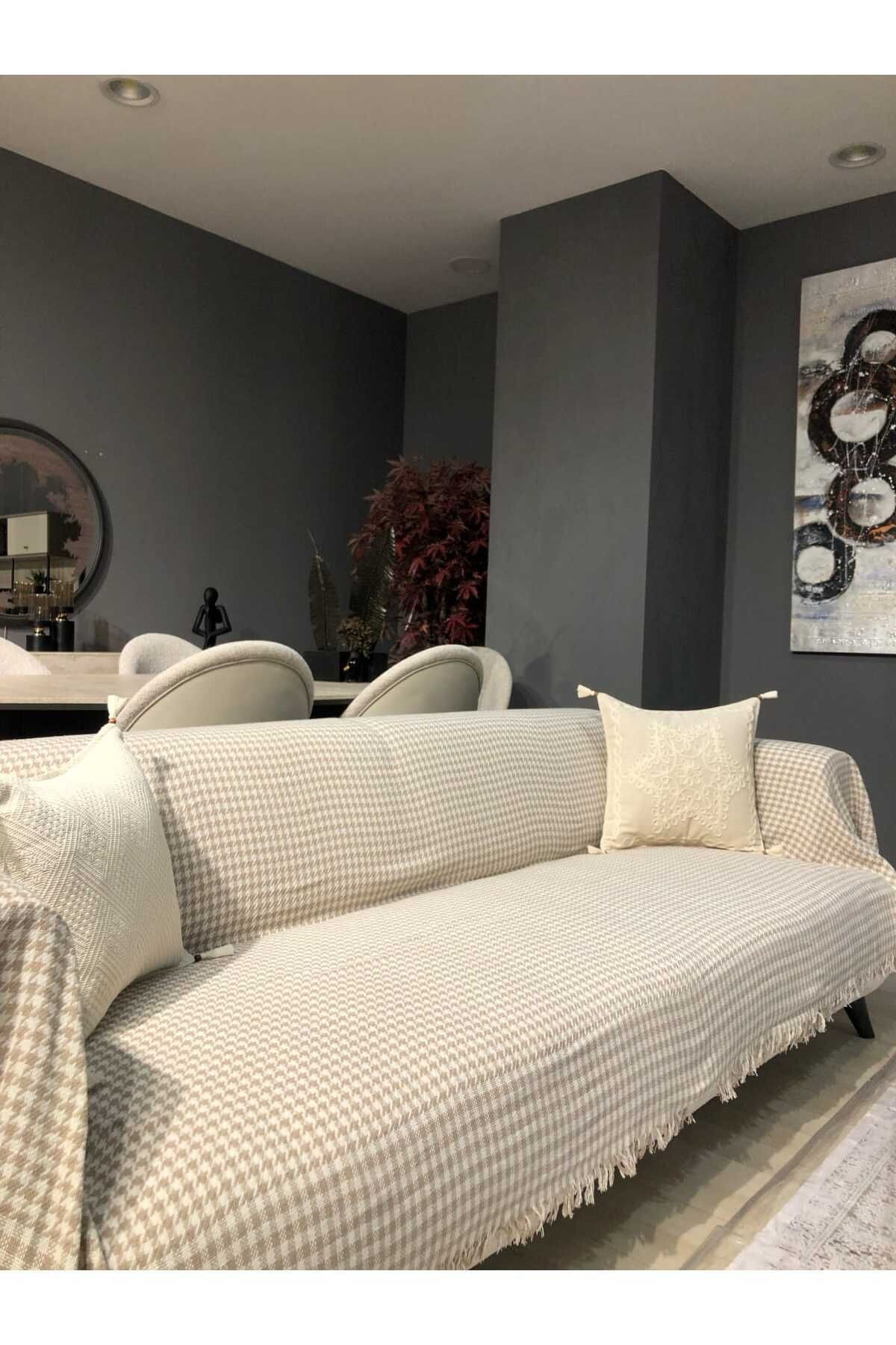 Kazayağı Desen Kolları Kapatan Saçaklı Koltuk Örtüsü Bej 170*300 Cm