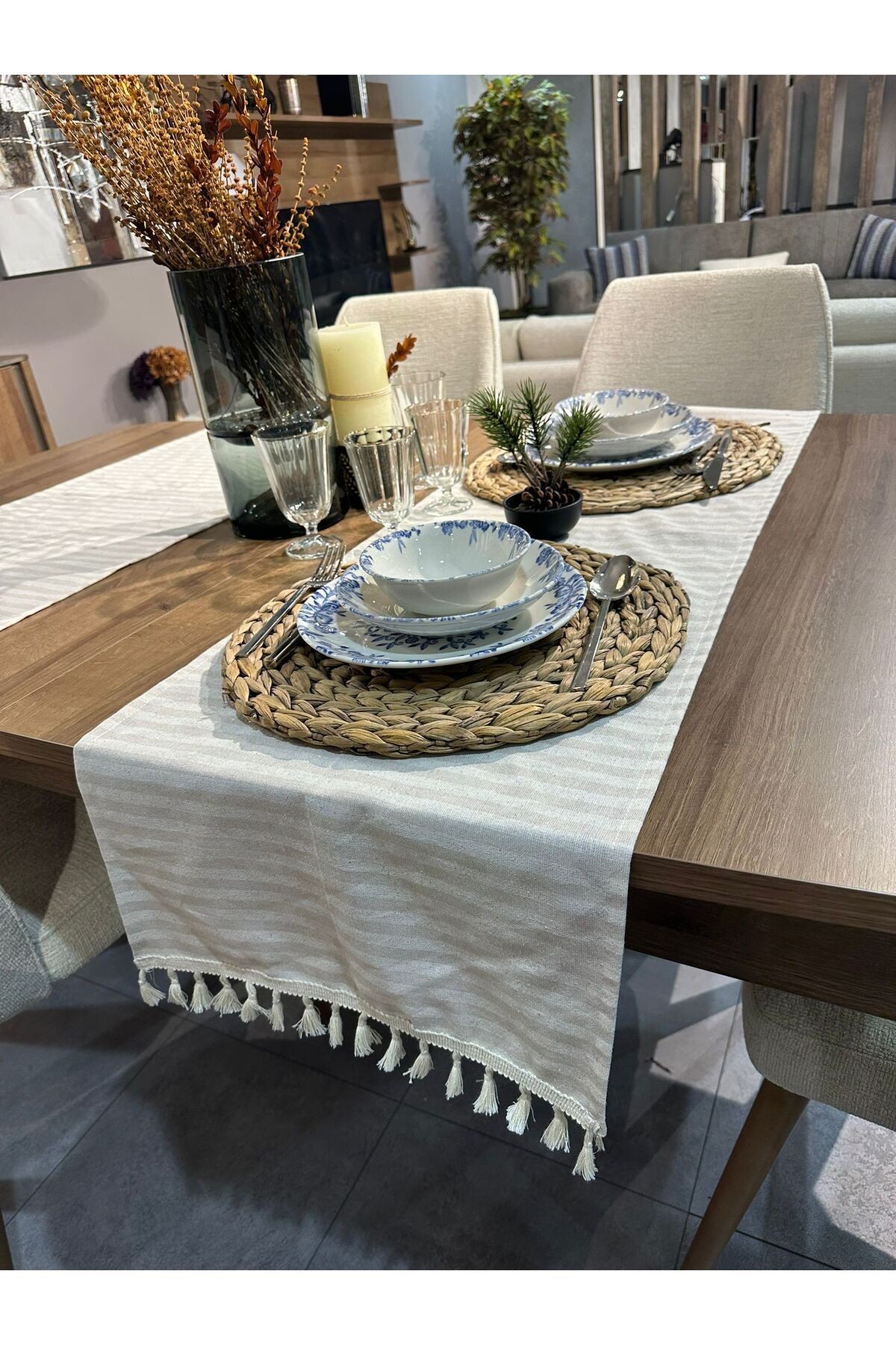 %100 Keten Kumaş,bohem,dantelli Runner 40*140 Cm