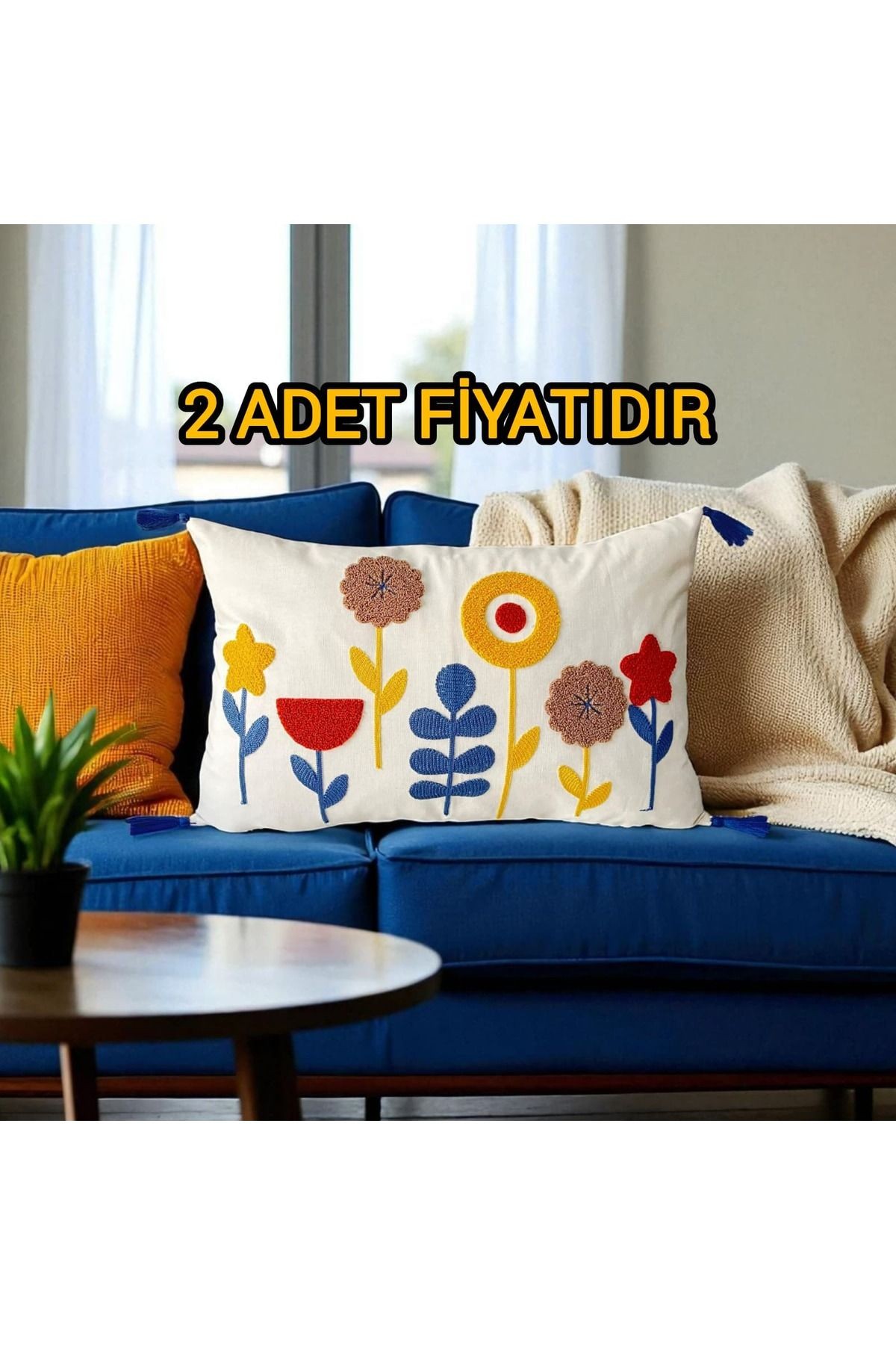 Punch Nakışlı Ponponlu Dikdörtgen Kırlent Kılıfı 2 Adet Duck Kumaş 35x55 cm