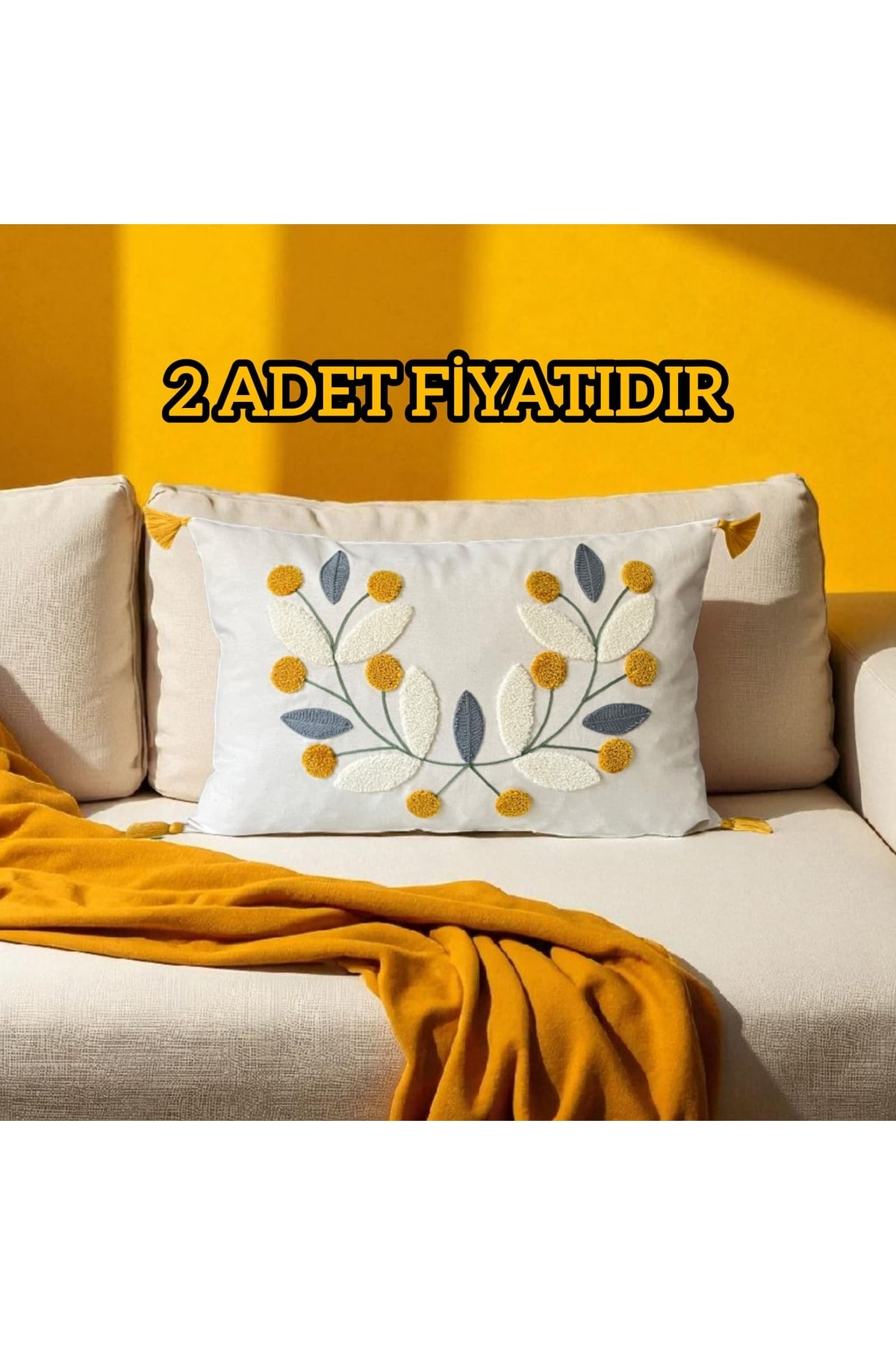 Punch Nakışlı Ponponlu Dikdörtgen Kırlent Kılıfı 2 Adet Duck Kumaş 35x55 cm