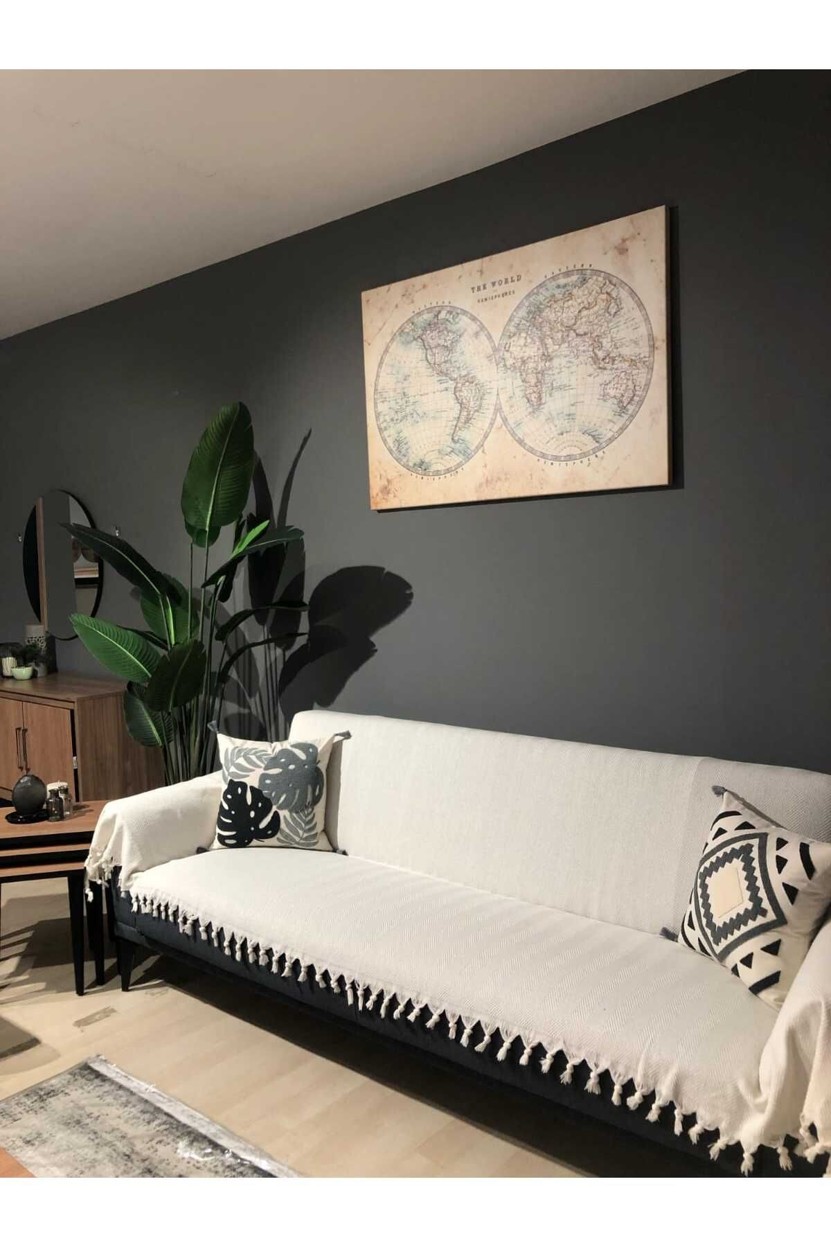 Renge Renk Kolları Kapatan El Bağlama Ekru Renk Koltuk Örtüsü 180*300 Cm