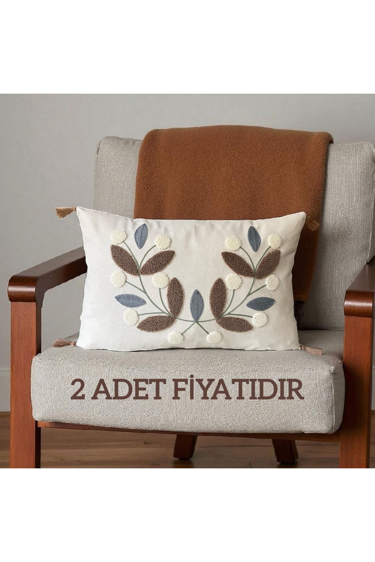 Punch Nakışlı Ponponlu Dikdörtgen Kırlent Kılıfı 2 Adet Duck Kumaş 35x55 cm