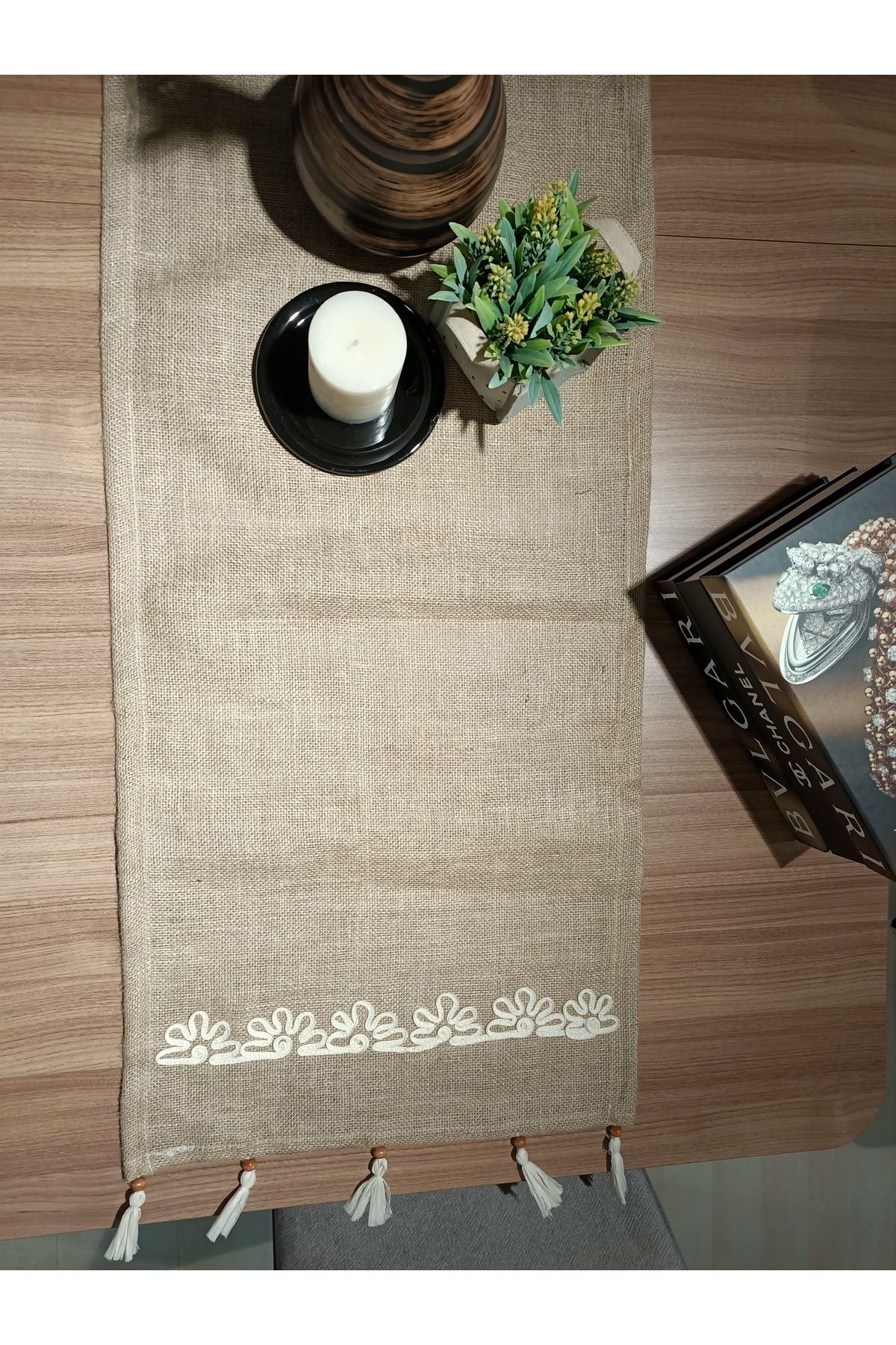 Nakışlı Jüt Kumaş Runner 40x130 cm