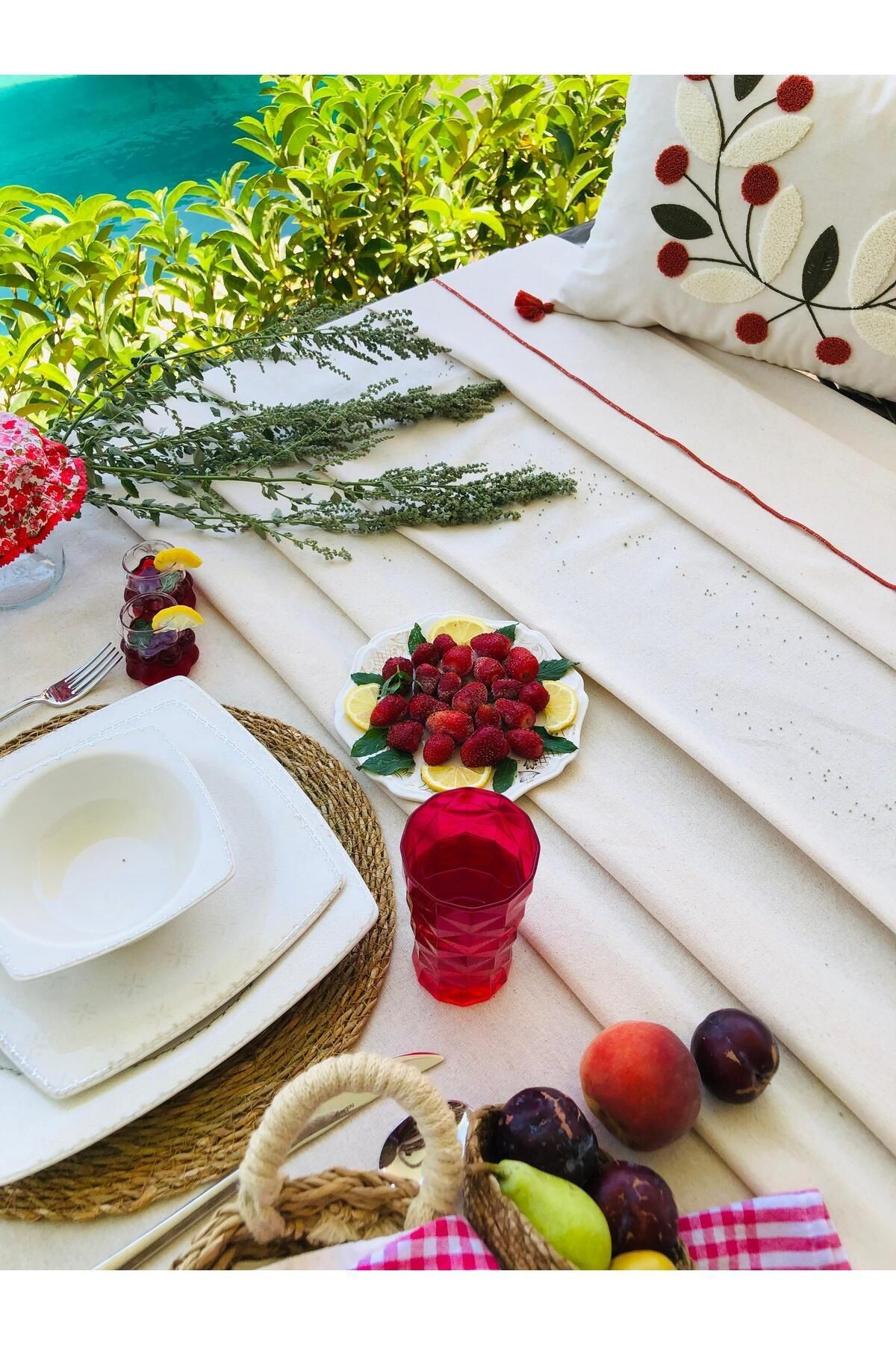 Organik Keten Pamuklu Kenar Dikişli Masa Örtüsü,Naturel,Parti,Piknik,Bride
