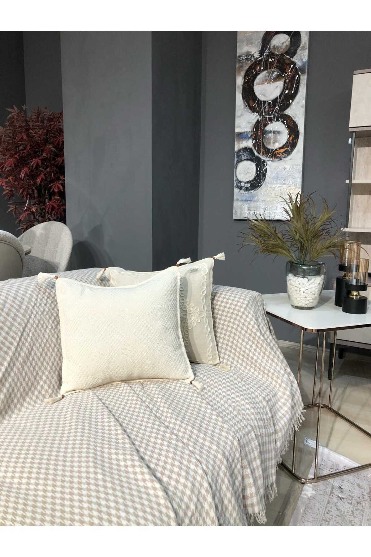 Kazayağı Desen Kolları Kapatan Saçaklı Koltuk Örtüsü Bej 170*300 Cm