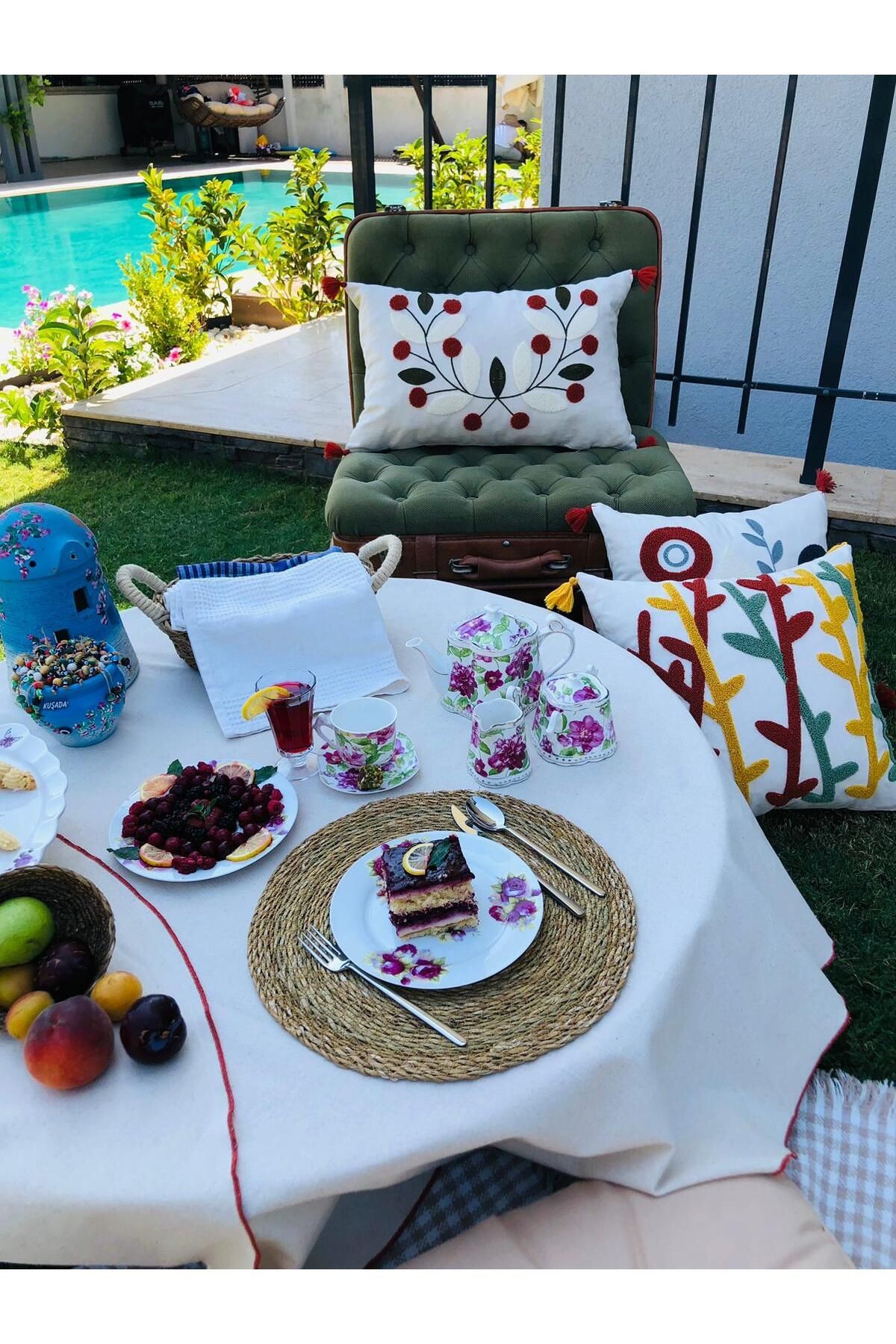 Organik Keten Pamuklu Kenar Dikişli Yuvarlak Masa Örtüsü,Naturel,Parti,Piknik,Bride
