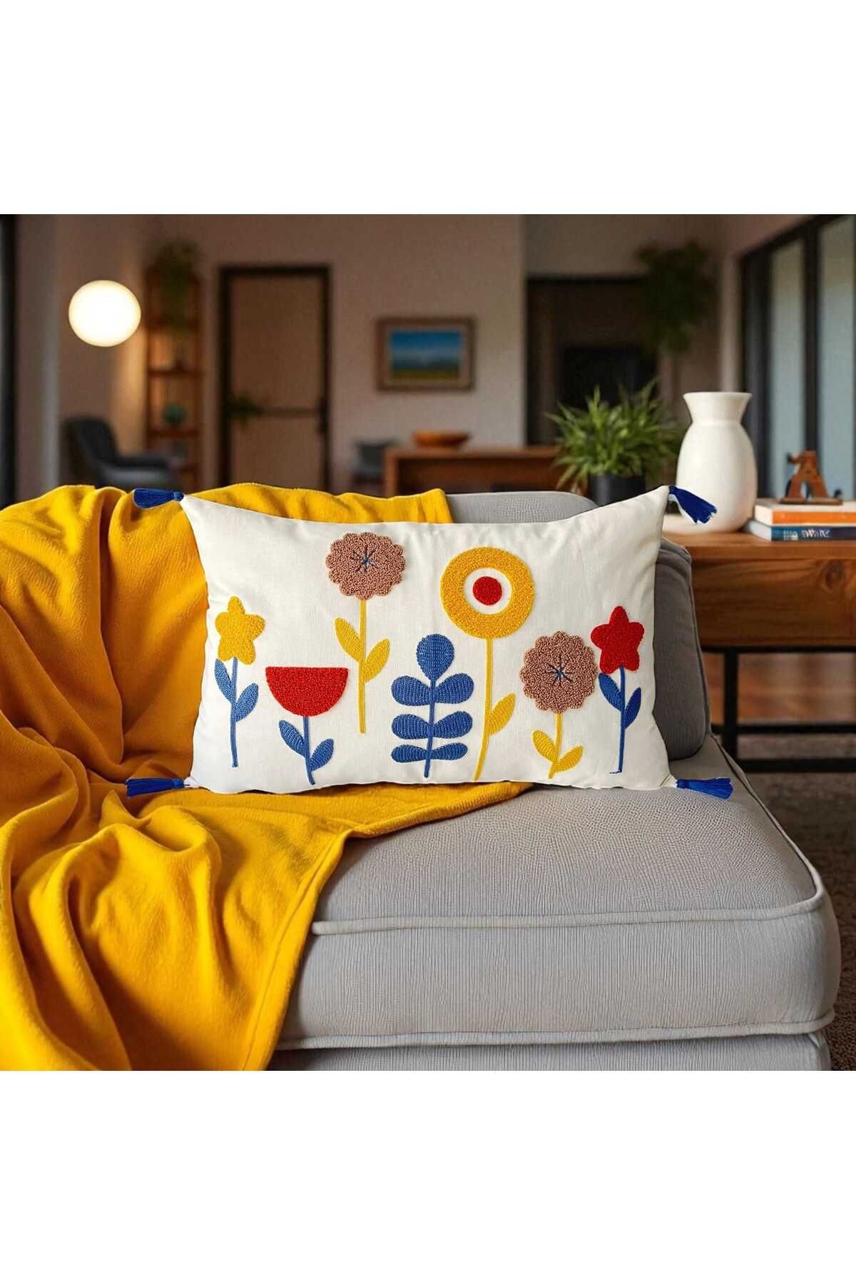 Punch Nakışlı Ponponlu Dikdörtgen Kırlent Kılıfı 2 Adet Duck Kumaş 35x55 cm