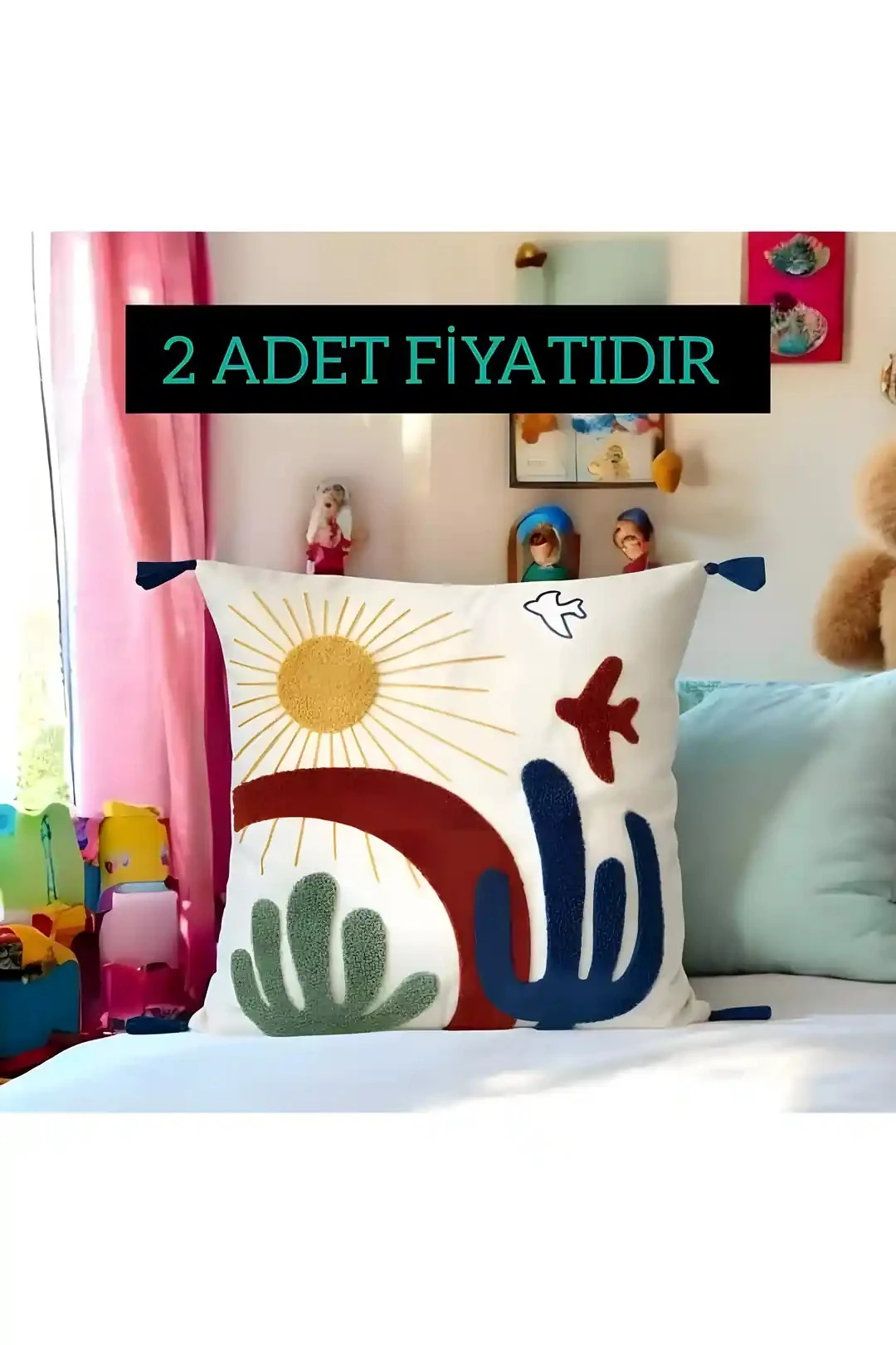 Punch Nakışlı Sri Lanka Desen Ponponlu Kırlent Kılıfı 43x43 cm (2 ADET)