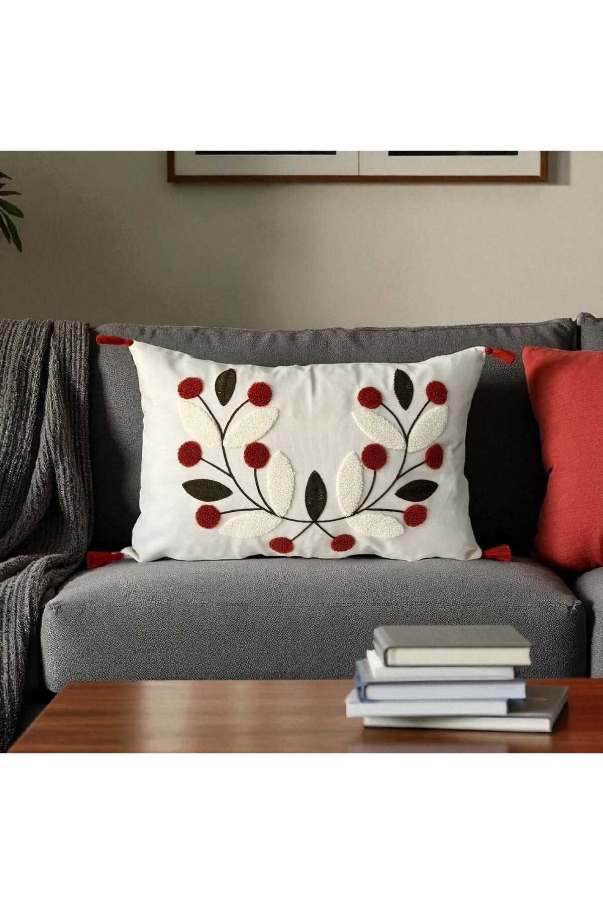 Punch Nakışlı Ponponlu Dikdörtgen Kırlent Kılıfı 2 Adet Duck Kumaş 35x55 cm