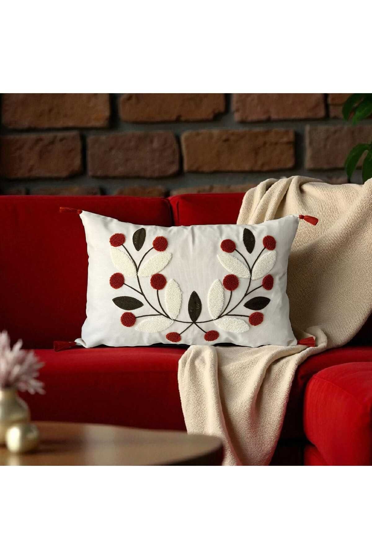 Punch Nakışlı Ponponlu Dikdörtgen Kırlent Kılıfı 2 Adet Duck Kumaş 35x55 cm