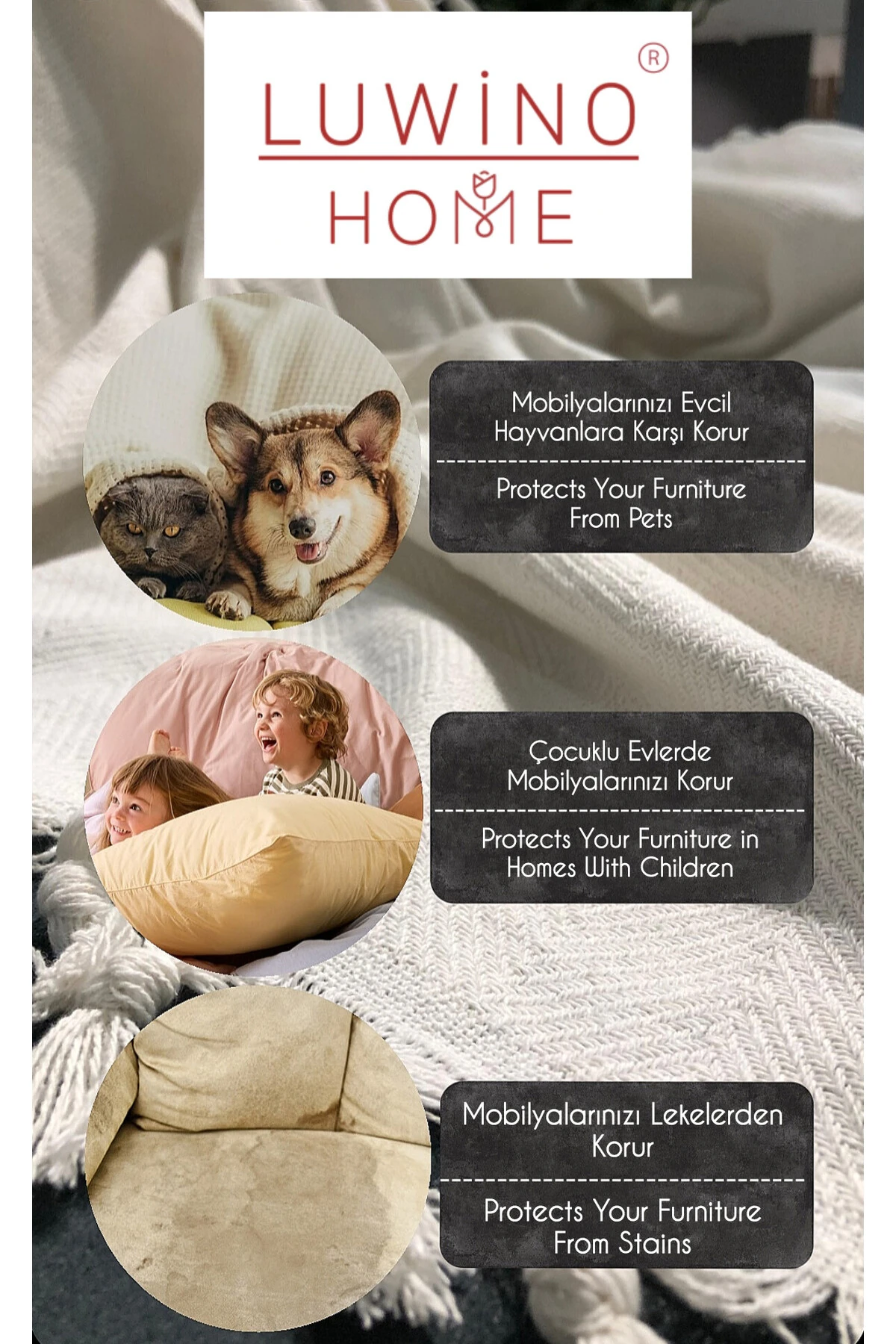 Kazayağı Desen Kolları Kapatan Saçaklı Koltuk Örtüsü Antrasit 170*300 Cm