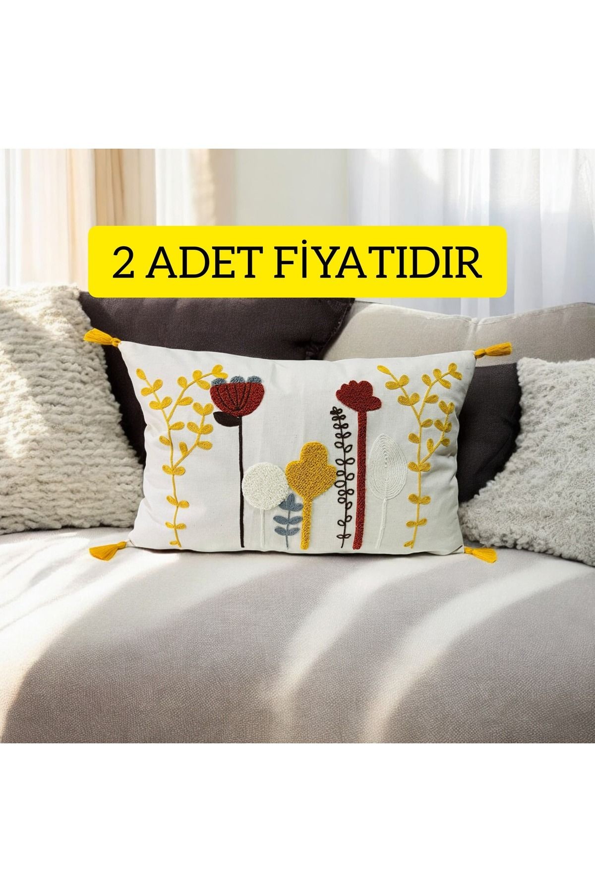 Punch Kaktüs Desen Sarı Ponponlu Dikdörtgen Kırlent 35x55 cm
