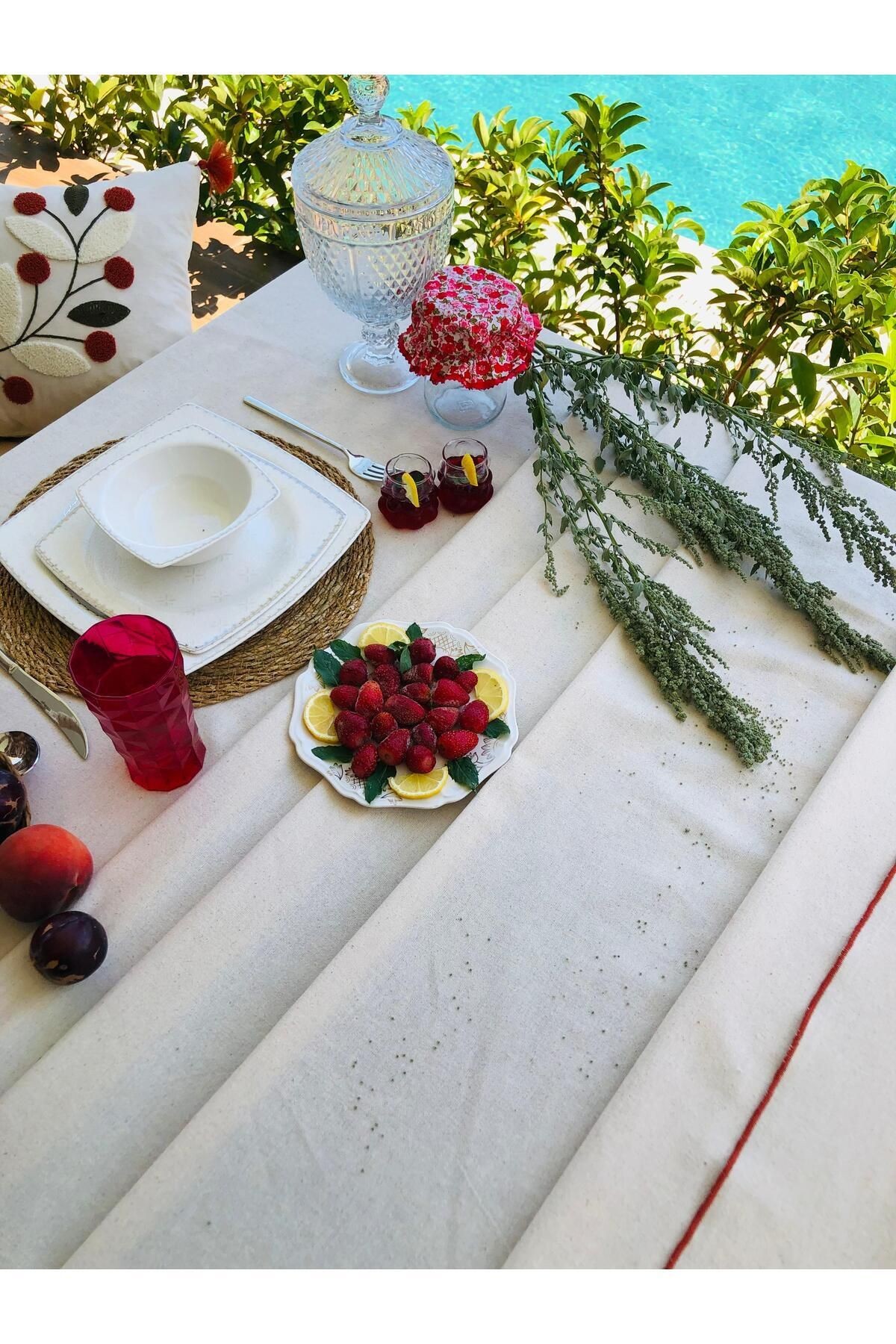 Organik Keten Pamuklu Kenar Dikişli Masa Örtüsü,Naturel,Parti,Piknik,Bride