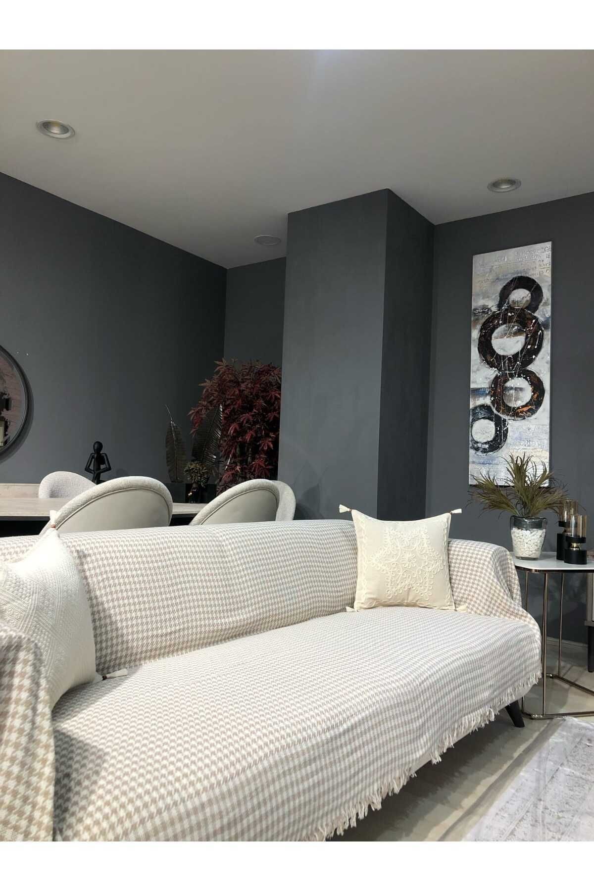 Kazayağı Desen Kolları Kapatan Saçaklı Koltuk Örtüsü Bej 170*300 Cm