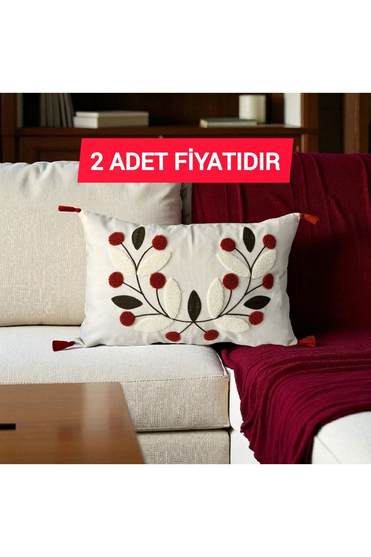 Punch Nakışlı Ponponlu Dikdörtgen Kırlent Kılıfı 2 Adet Duck Kumaş 35x55 cm
