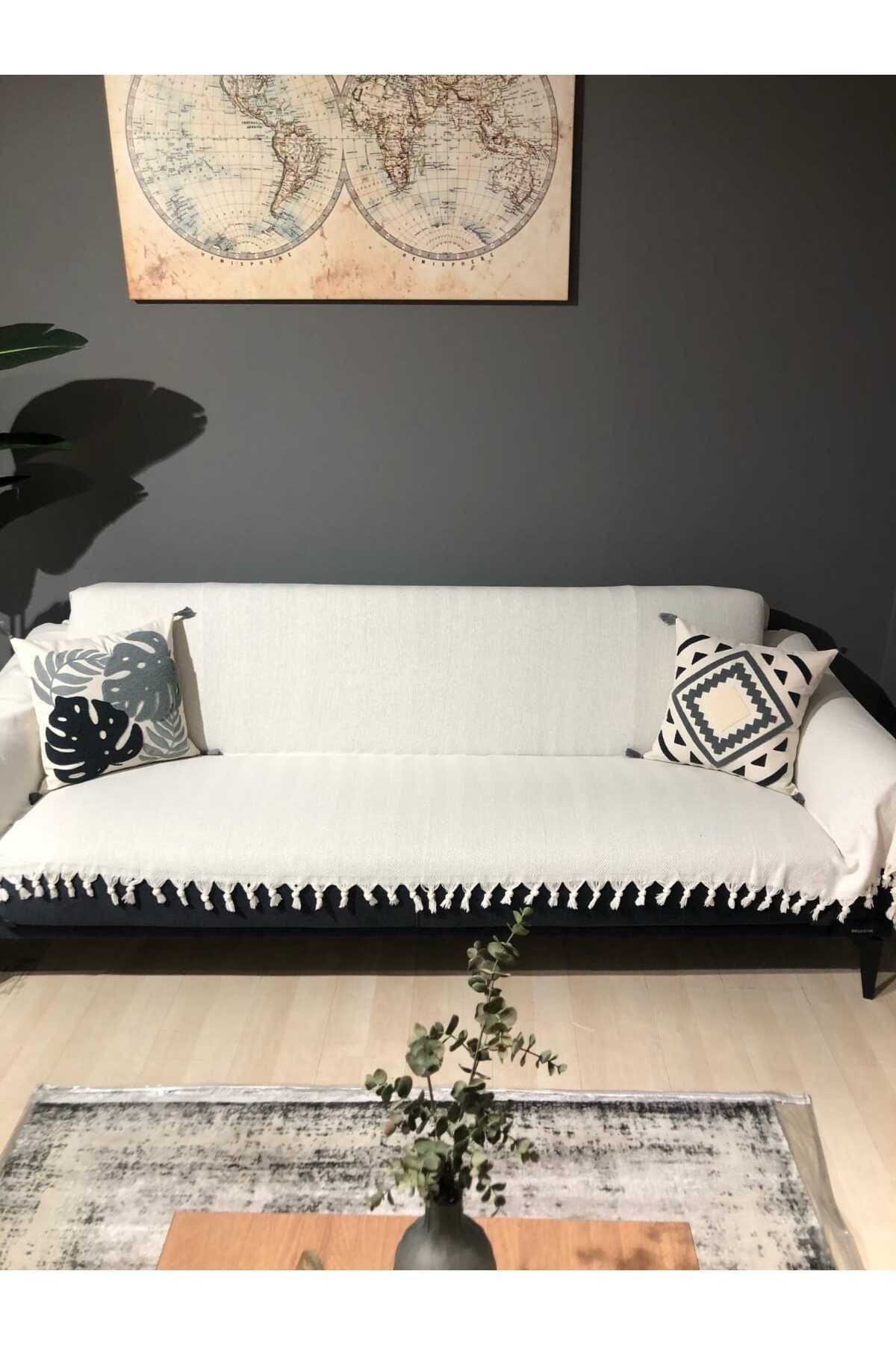 Renge Renk Kolları Kapatan El Bağlama Ekru Renk Koltuk Örtüsü 180*300 Cm