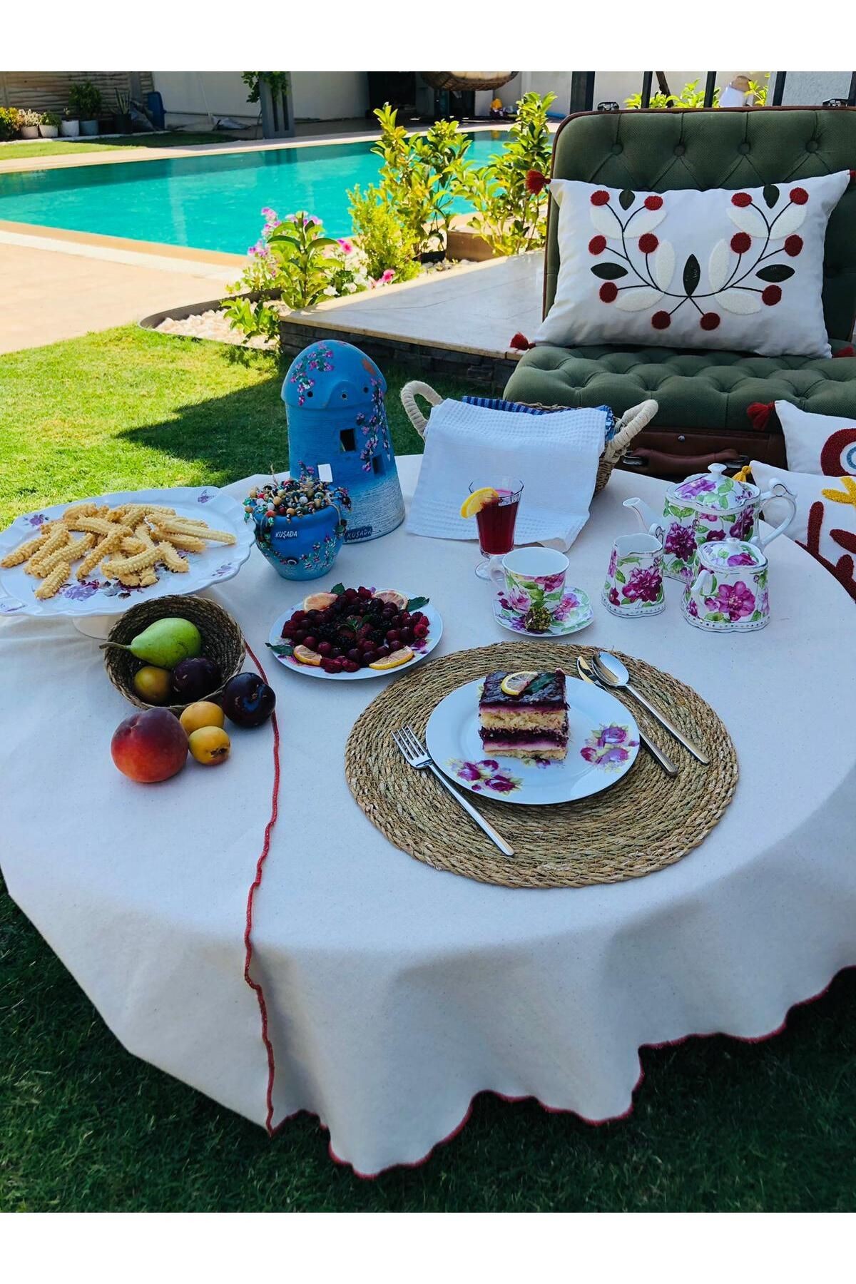 Organik Keten Pamuklu Kenar Dikişli Yuvarlak Masa Örtüsü,Naturel,Parti,Piknik,Bride