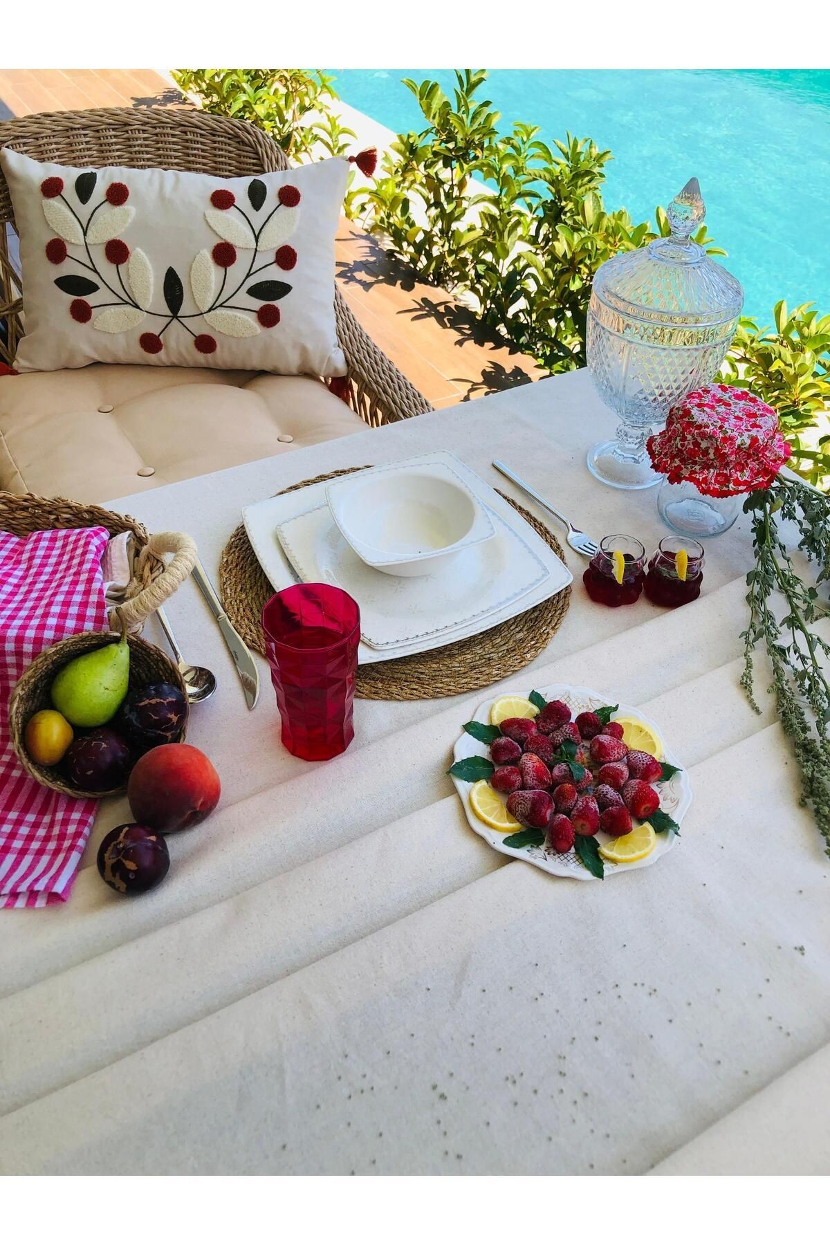 Organik Keten Pamuklu Kenar Dikişli Masa Örtüsü,Naturel,Parti,Piknik,Bride