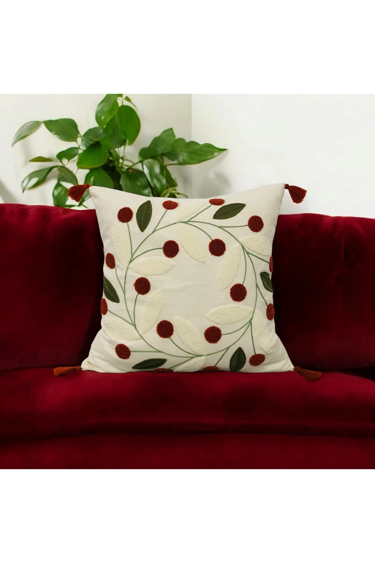 Punch Papatya Desen Ponponlu Kırlent Kılıfı Kiremit 43x43 cm (2 ADET)