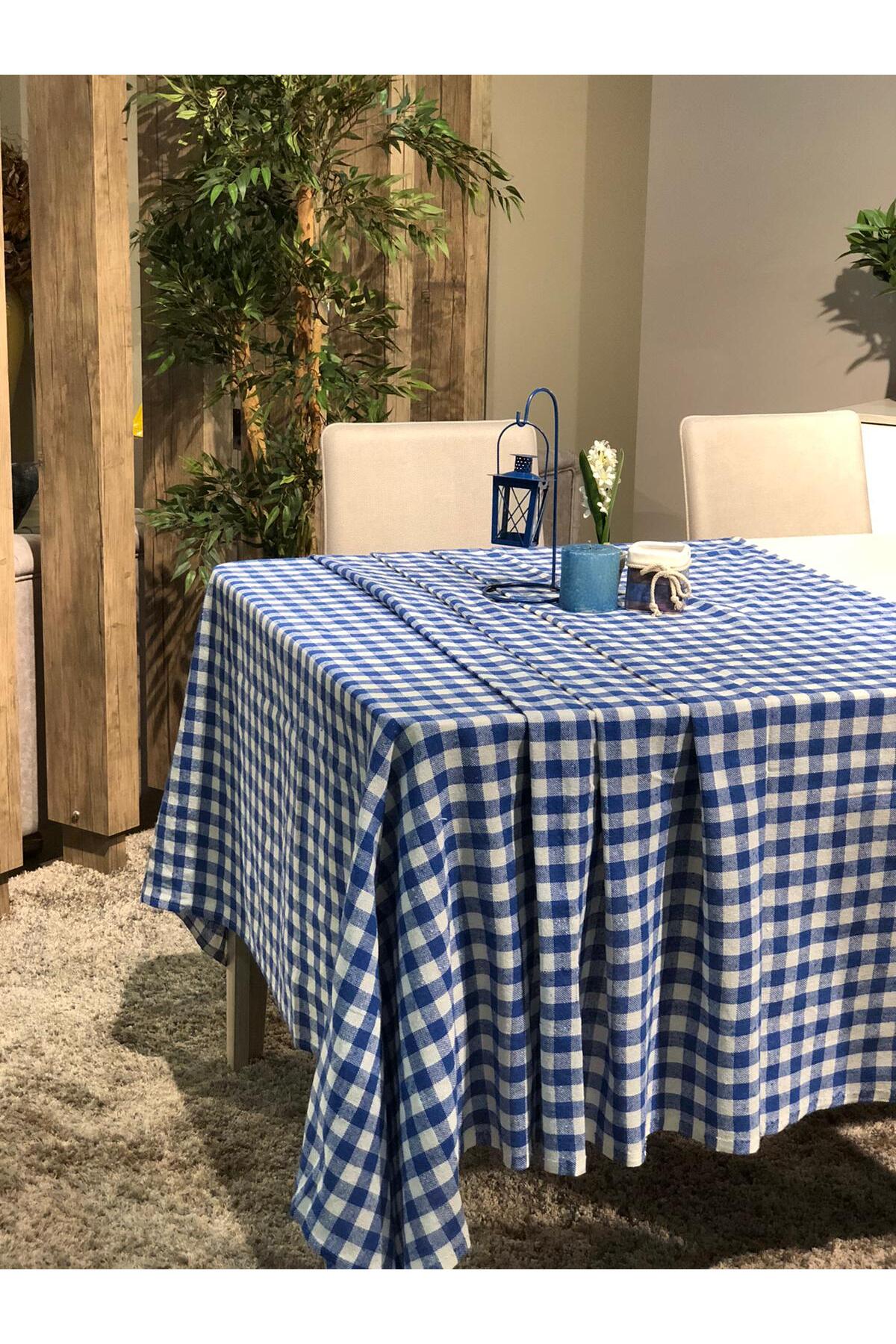 Pötikareli Pamuklu Masa Örtüsü | Piknik Örtüsü | Sofra Örtüsü | Parti Örtüsü 170 x 170 cm - mavi