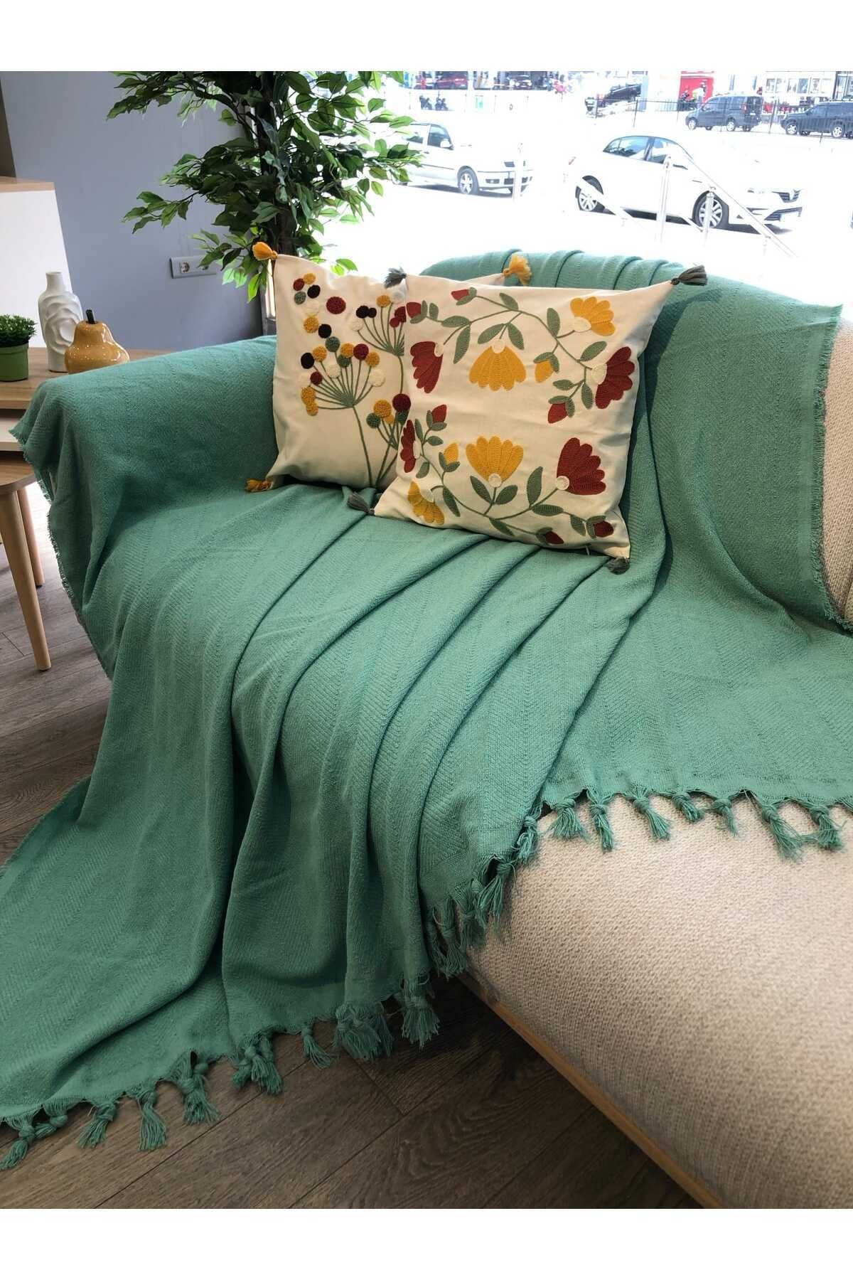 Renge Renk El Bağlama Mint Yeşili Koltuk Örtüsü 180*220 Cm