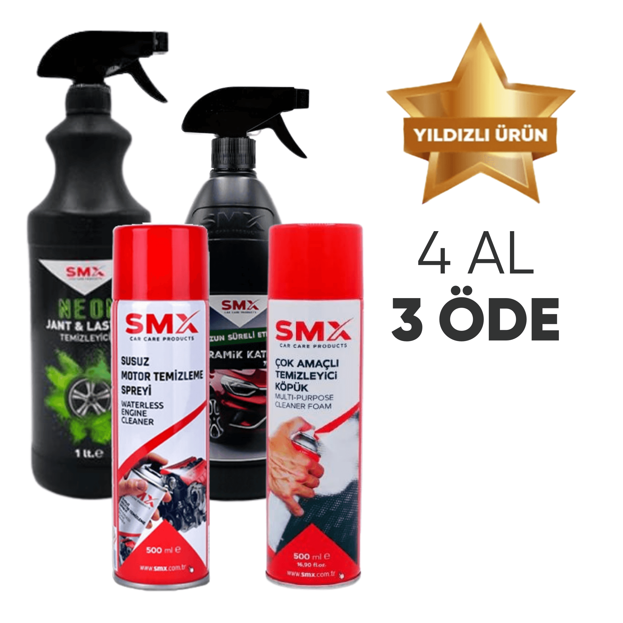 Seramik Katkılı Hızlı ve Pratik Cila 750ml.+ Susuz Motor Temizleyici 500 Ml+Çok Amaçlı Temizleyici Köpük 500 ml+Neon Jant Temizleyici 1lt 🎁 4 Adet Al, 3 Öde! 