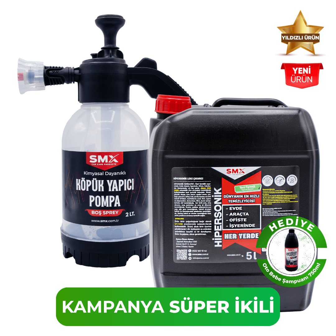 HİPERSONİK - Dünyanın En Hızlı Temizleyicisi 5 KG ve 2 LİTRE KÖPÜK Yapıcı Kimyasal Dayanımlı Basınçlı Pompa, Bebe Şampuanı Hediye 