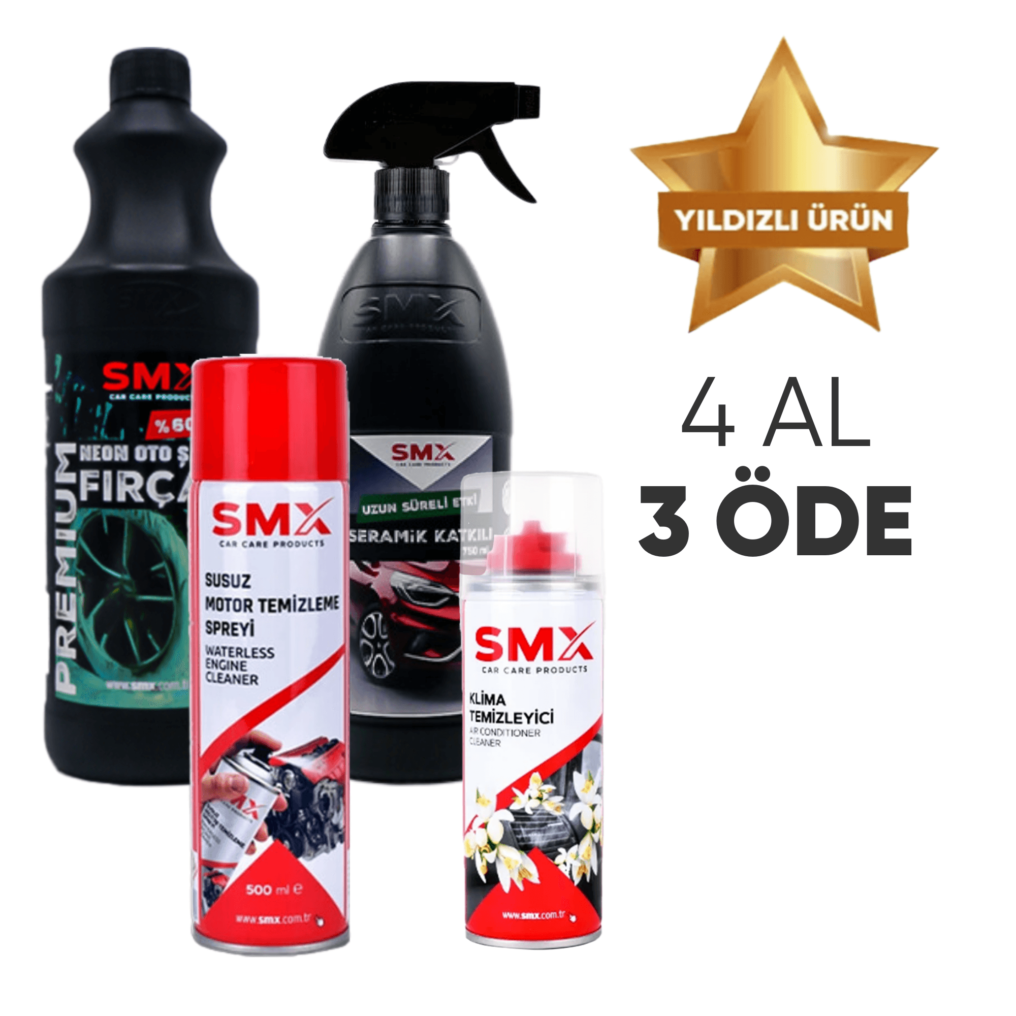 Susuz Motor Temizleyici 500ml+Seramik Katkılı Hızlı ve Pratik Cila 750 ml.+%60 Cilalı Neon Oto Şampuanı 1lt+Klima Temizleyici 🎁 4 Adet Al, 3 Öde! 